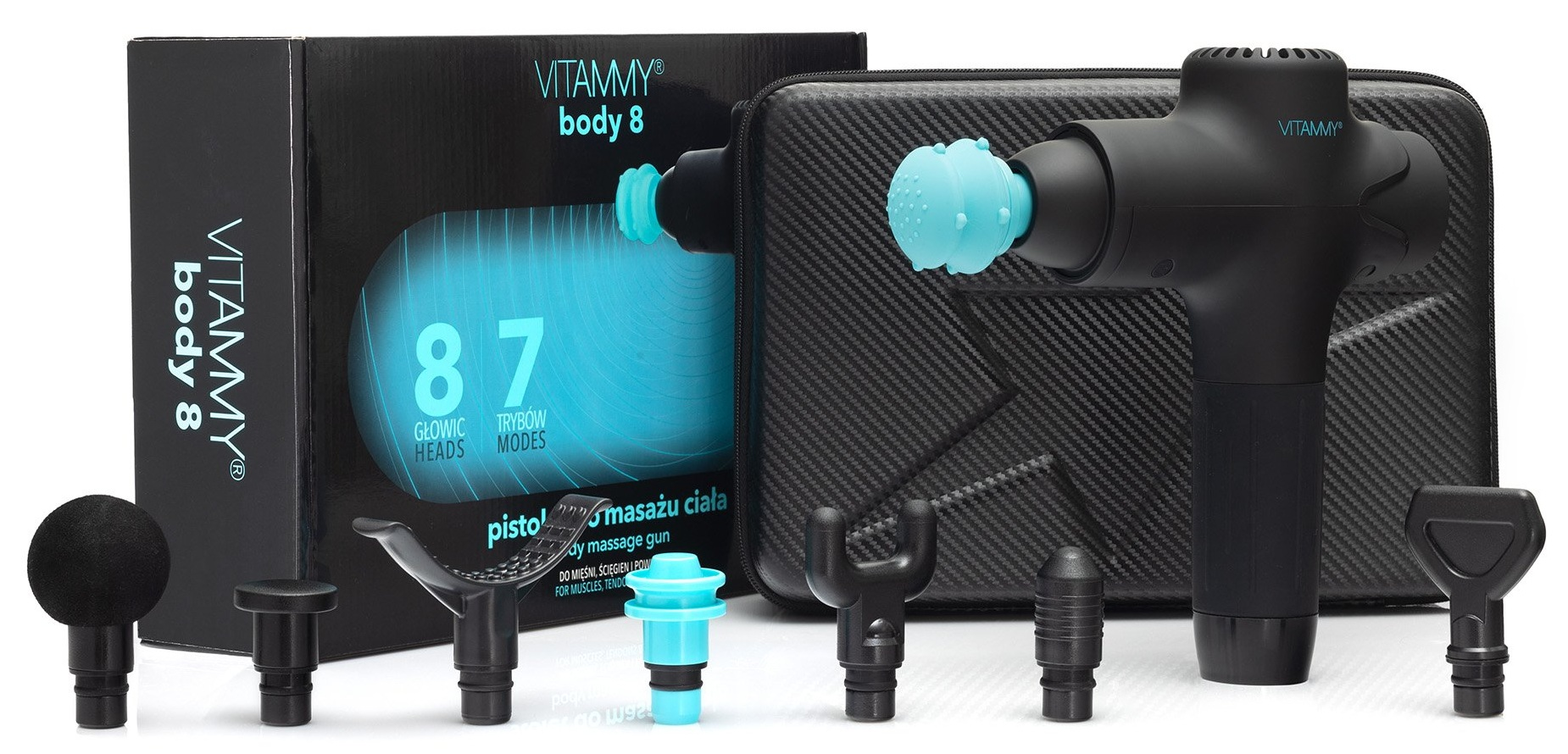 Pistolet do masażu z różnymi nasadkami i etui. Pistolet jest czarny i turkusowy.