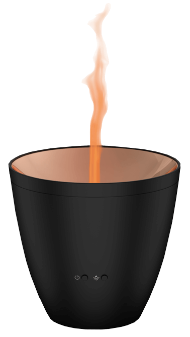 Czarny dyfuzor z efektem płomienia. Płomień jest pomarańczowy i wychodzi z pojemnika.