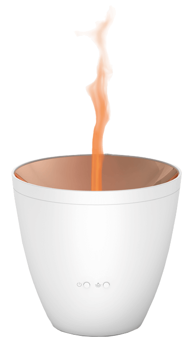 Biały dyfuzor z wznoszącą się pomarańczową parą przypominającą płomień.