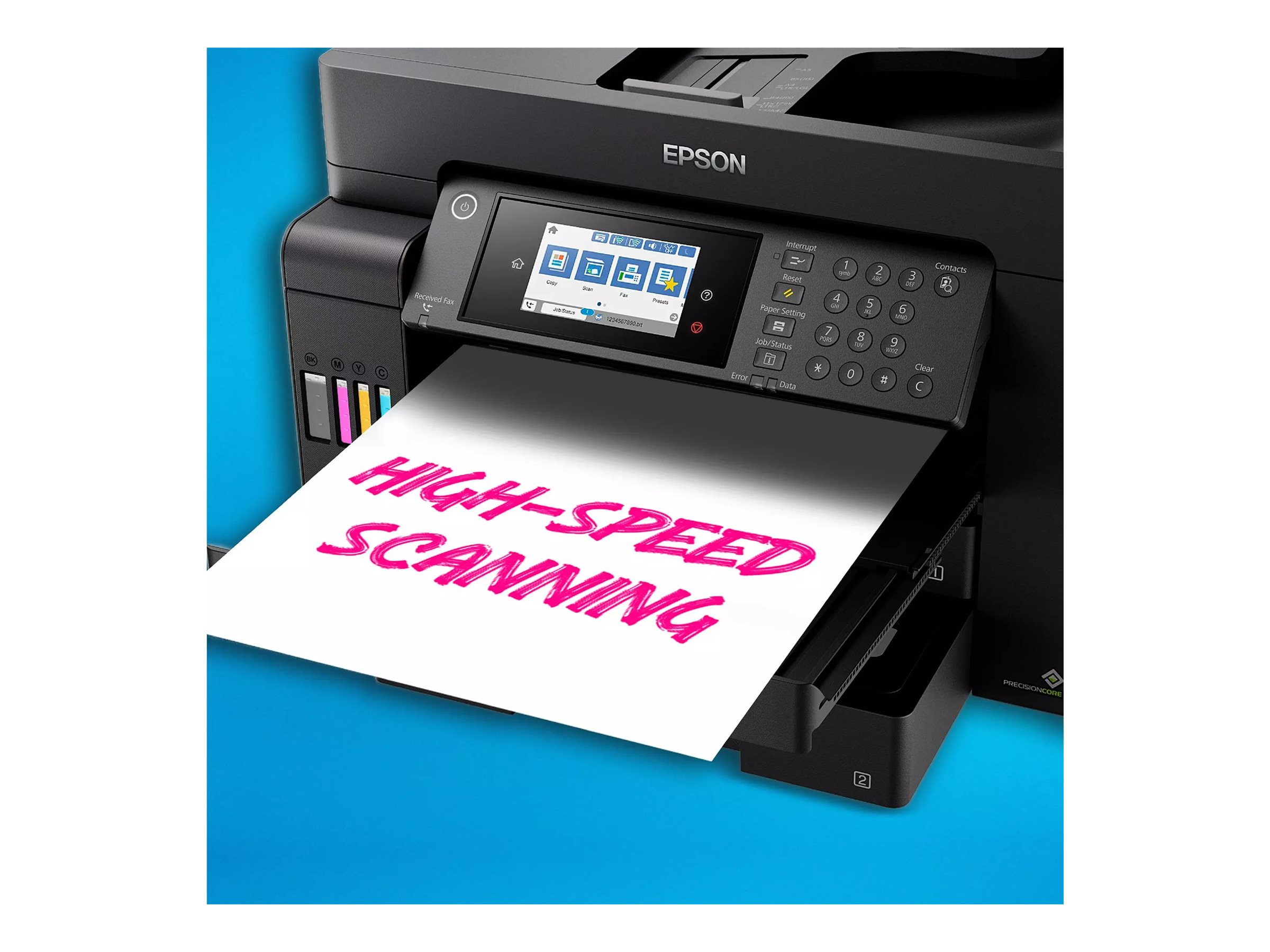 Ein Drucker mit Papiereinzug, der die Worte 'HIGH-SPEED SCANNING' auf blauem Hintergrund druckt.