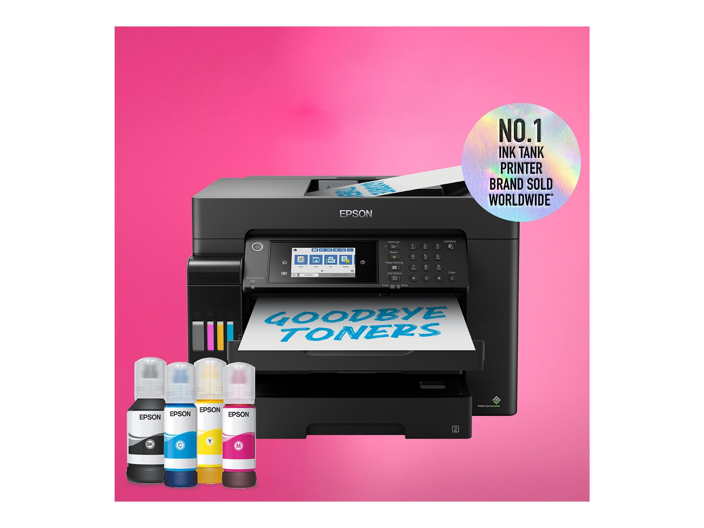 Epson-Drucker mit Tintenflaschen, Papier mit Text 'Goodbye Toners' und rosa Hintergrund.
