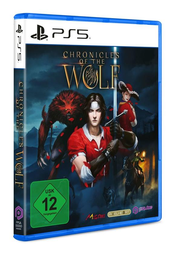 Videospielhülle mit einem Wolf und einer Figur mit einem Schwert.