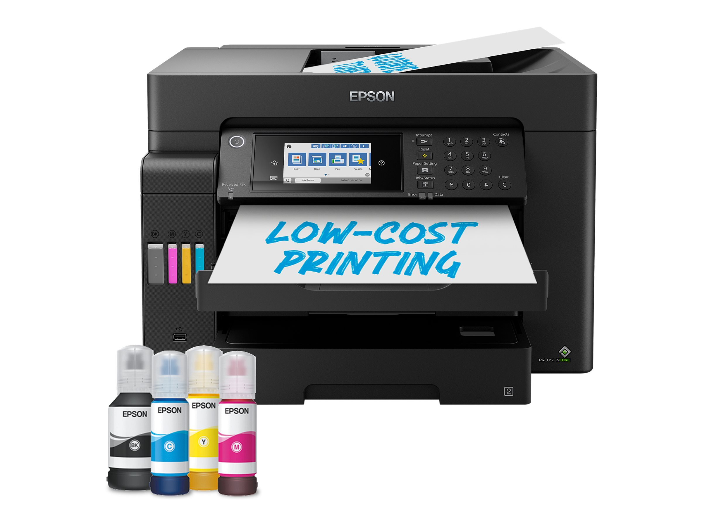 Epson Multifunktionsdrucker mit Tintenflaschen. Der Drucker hat einen Bildschirm und sagt 'LOW-COST PRINTING'.