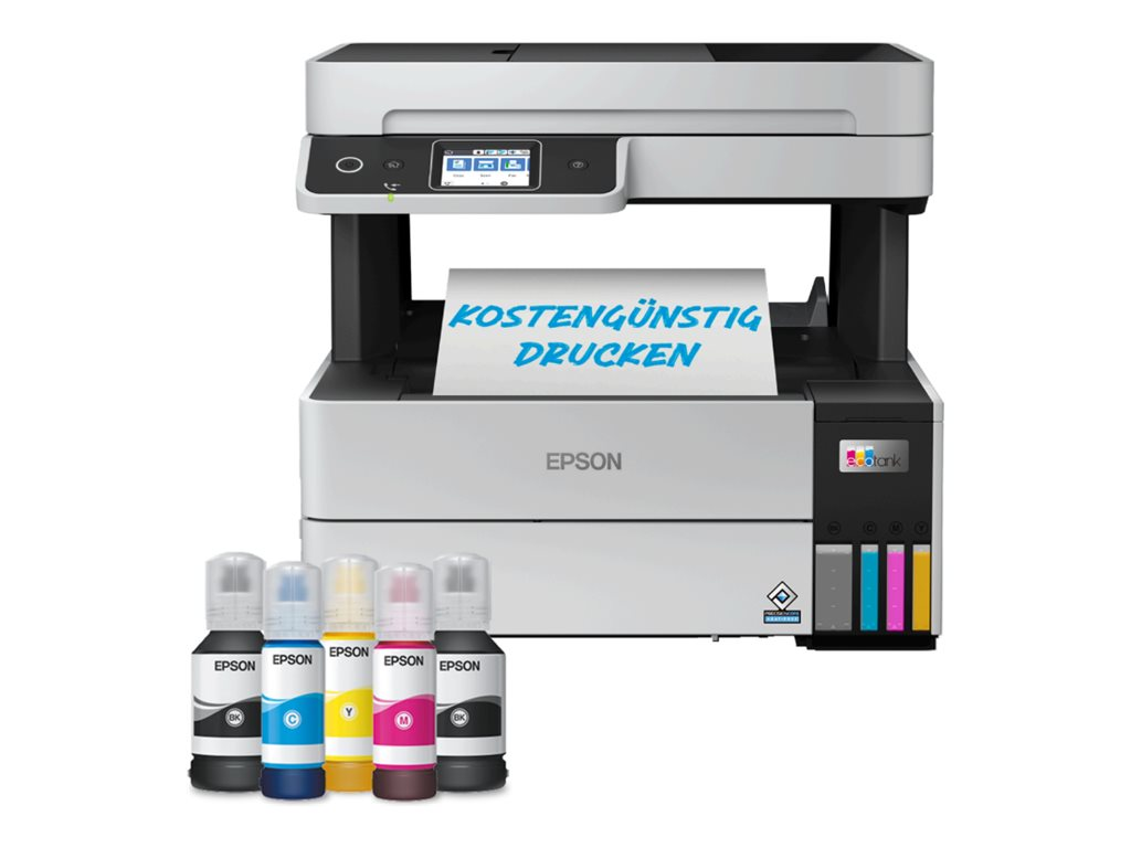 Epson-Drucker mit Tintenflaschen davor, Text: "KOSTENGÜNSTIG DRUCKEN".