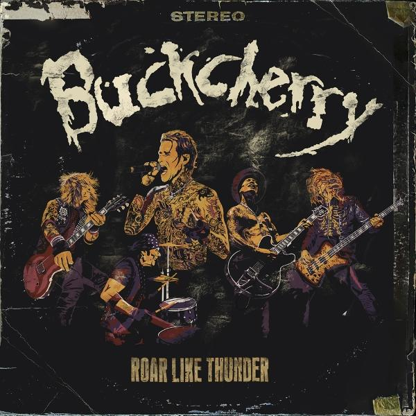 Buckcherry-Albumcover mit Bandmitgliedern. Die Band spielt live.