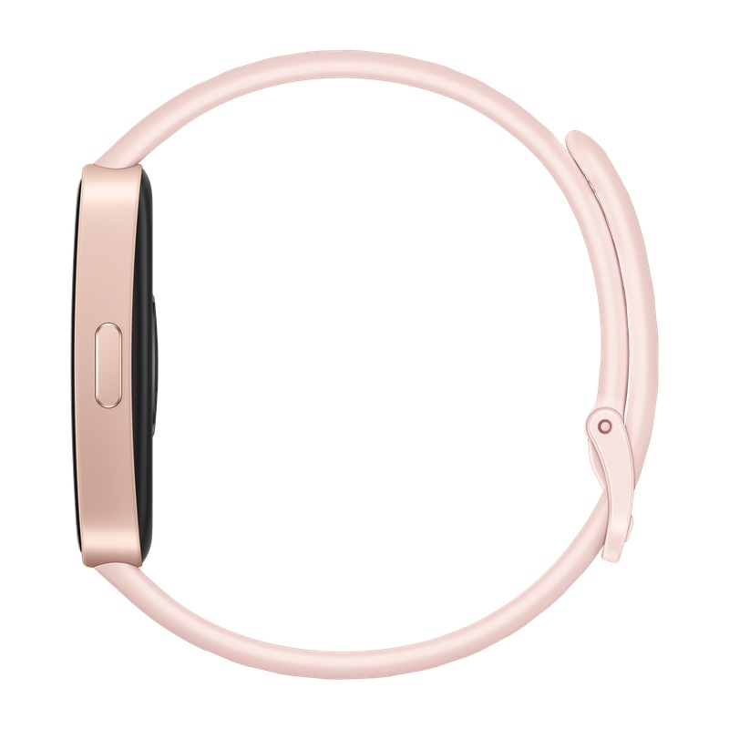 Pembe kayışlı, yan görünümü gösteren, pembe altın rengi bir akıllı saat. Minimalist tasarım.