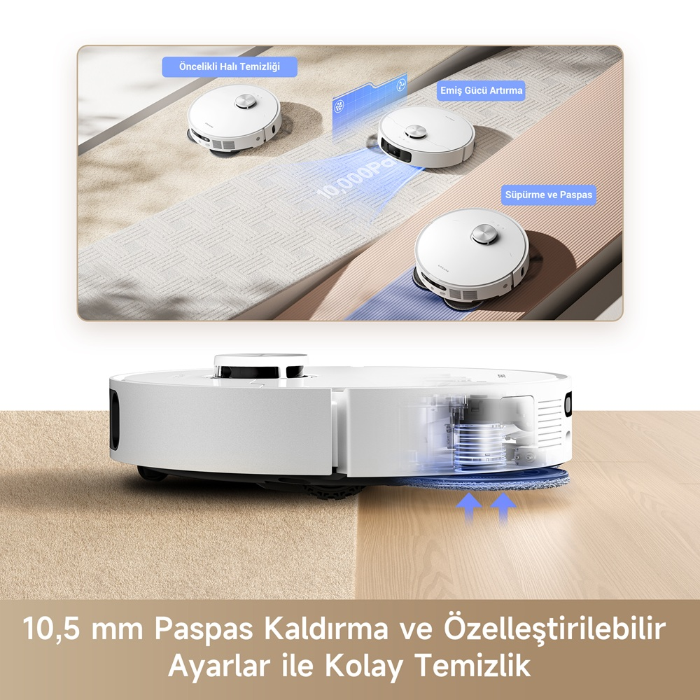 Farklı yüzeylerde temizleme modlarını gösteren robot süpürge.