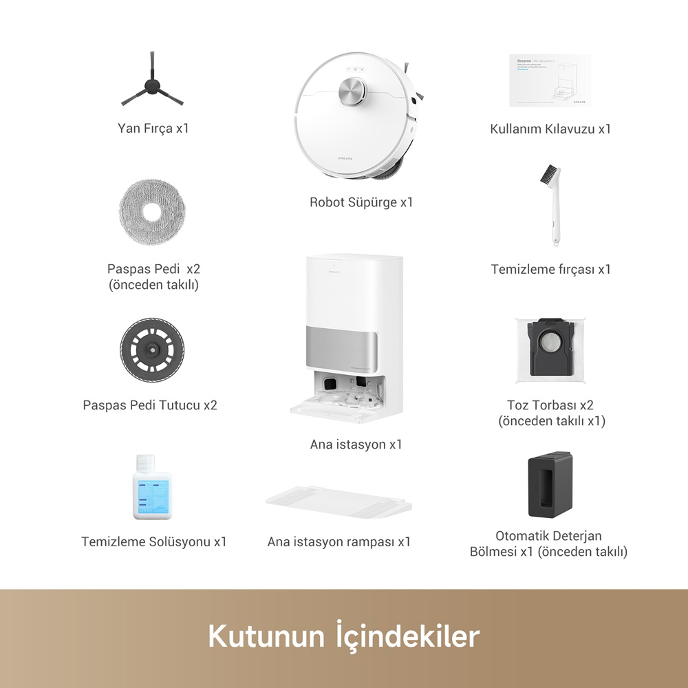 Robot süpürge parçaları: fırçalar, çöp kutusu, temizleme solüsyonu ve rampa ile ana istasyon.