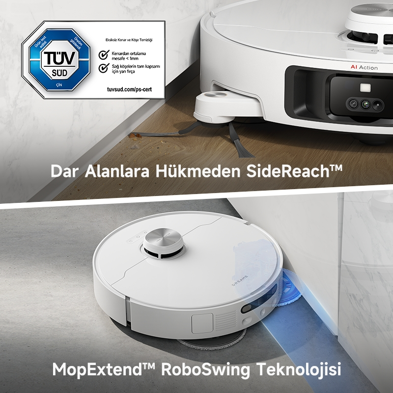 Robot süpürge. Üstte beyaz cihaz, altta temizleme eylemi, metin katmanı.