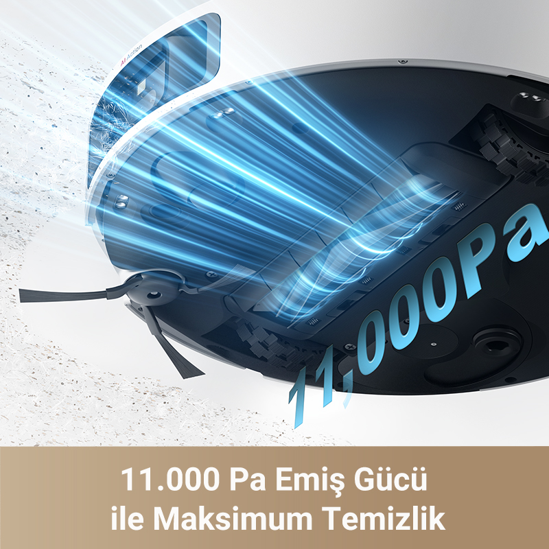 Mavi hava akışlı ve 11.000 Pa yazılı robot süpürge. Maksimum temizleme gücü.