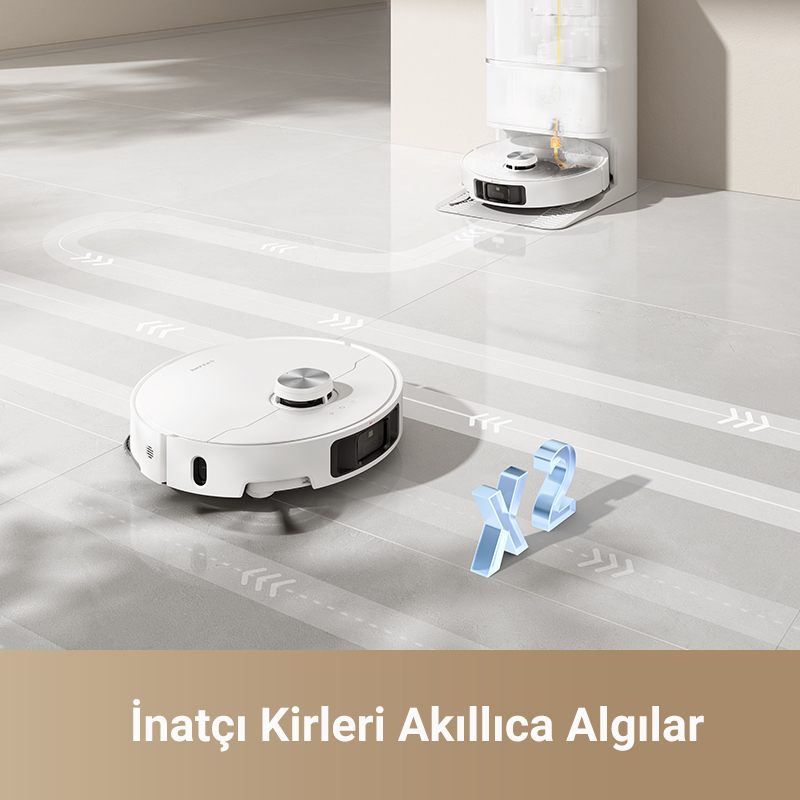 Gri zeminde beyaz robot süpürge.