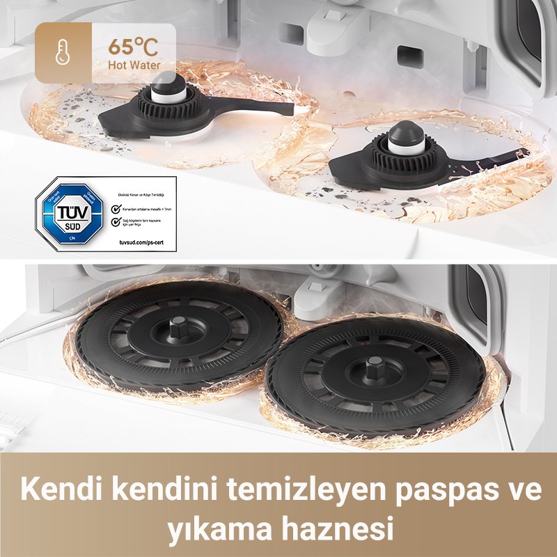 Logo ve özelliklerle işaretlenmiş iki siyah dönen diskli bir temizleme makinesinin yakından görünümü.