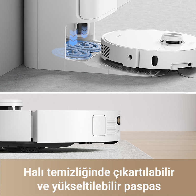 İki resim. Üst: Şarj istasyonunda robot süpürge. Alt: Halı üzerinde elektrikli süpürge.