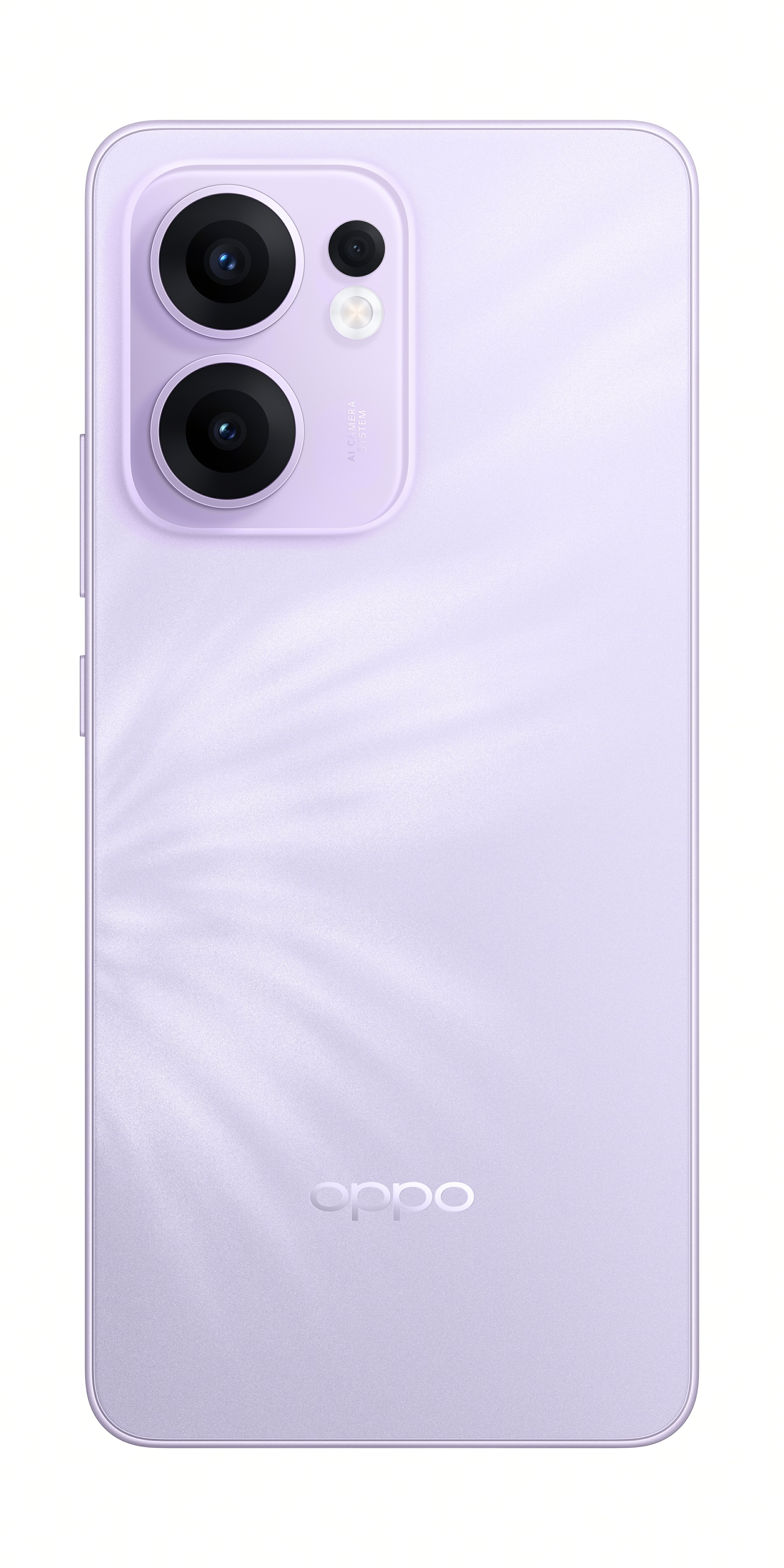 Mor akıllı telefonun arka görünümü. İki kamera lensi ve Oppo logosu görünür.