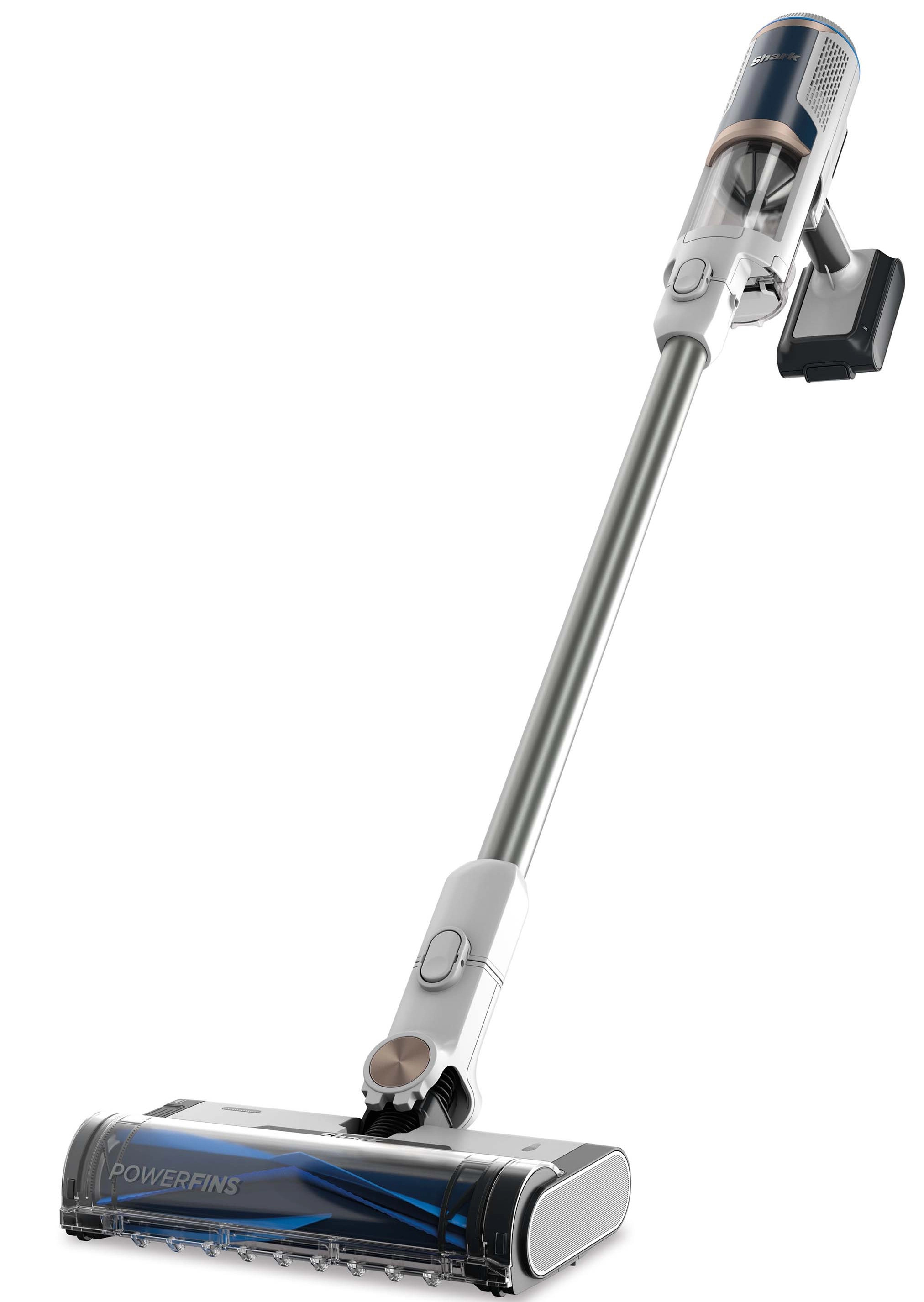 Odkurzacz bezprzewodowy, biało-srebrny, z niebiesko-czarną głowicą szczotki.