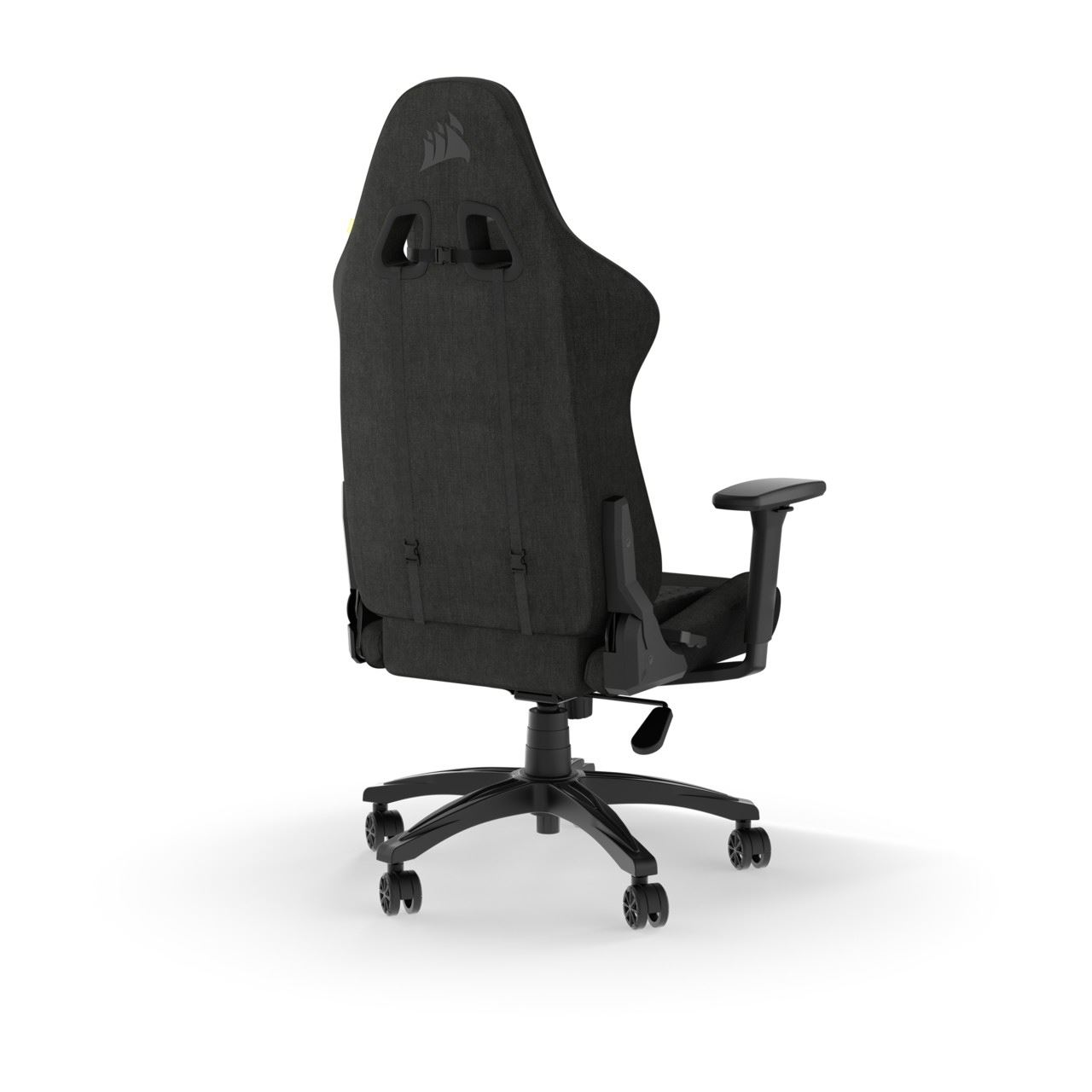 Silla gaming negra con respaldo alto, vista desde atrás.