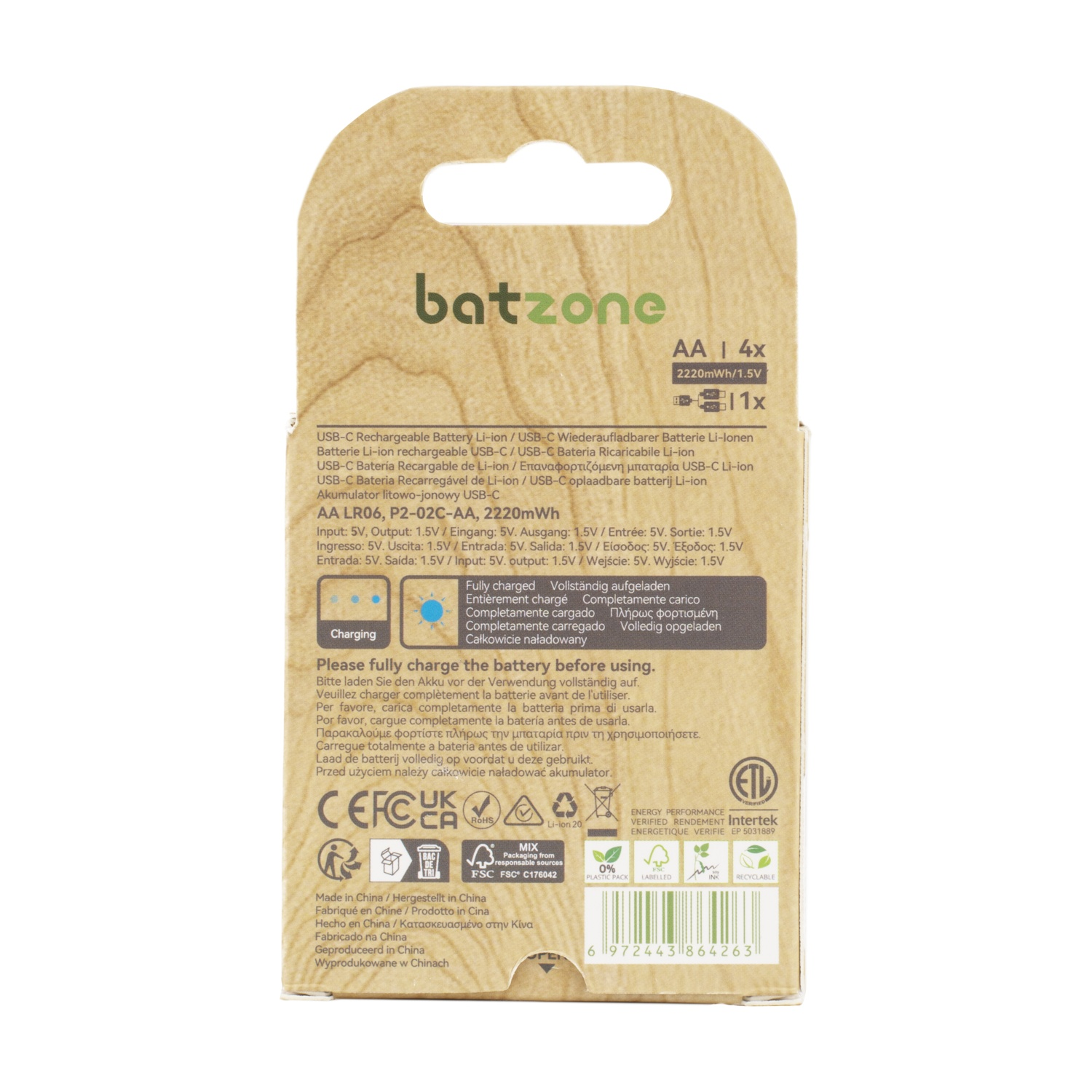 Confezione di batterie, bianca con testo e grafica. Include informazioni sulla batteria e loghi.