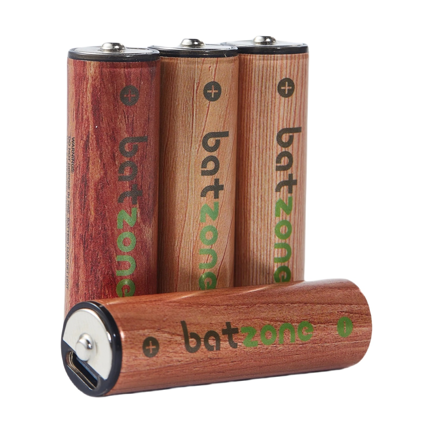 Quattro batterie batzone effetto legno, una mostra la porta di ricarica.