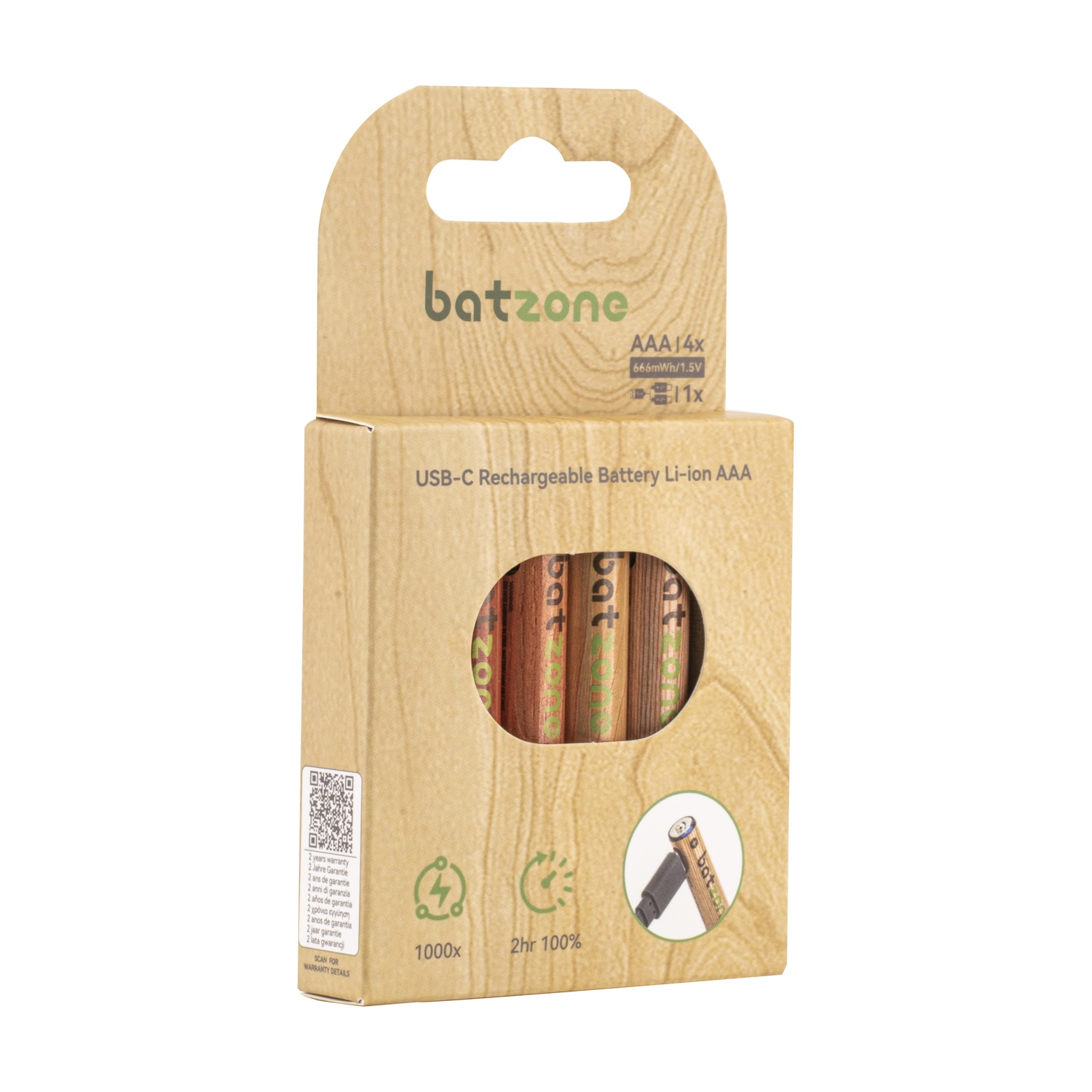 Una scatola di cartone di batterie AAA, con una texture di legno, che mostra le batterie all'interno della confezione.