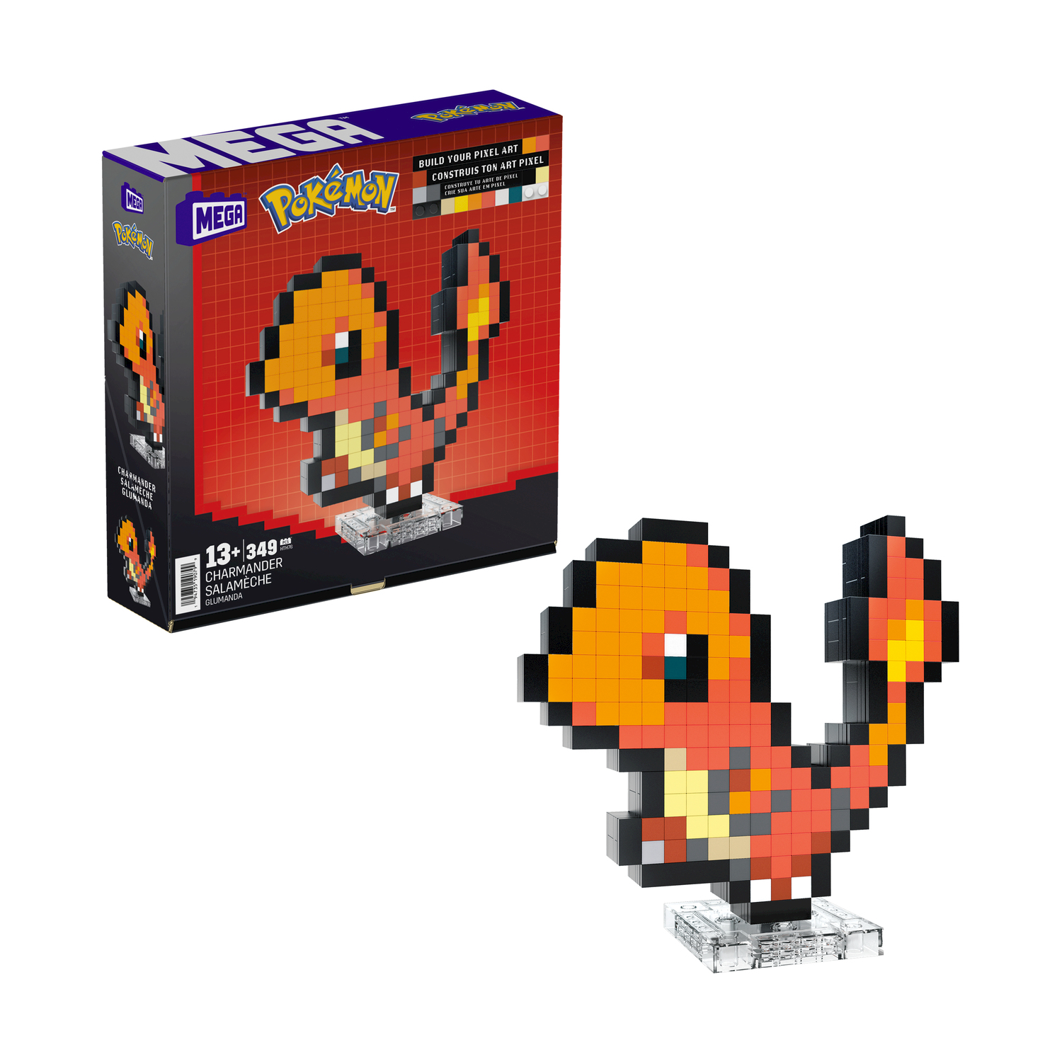 Un set Mega Construx Pokémon con un personaggio Charmander pixelato e scatola.
