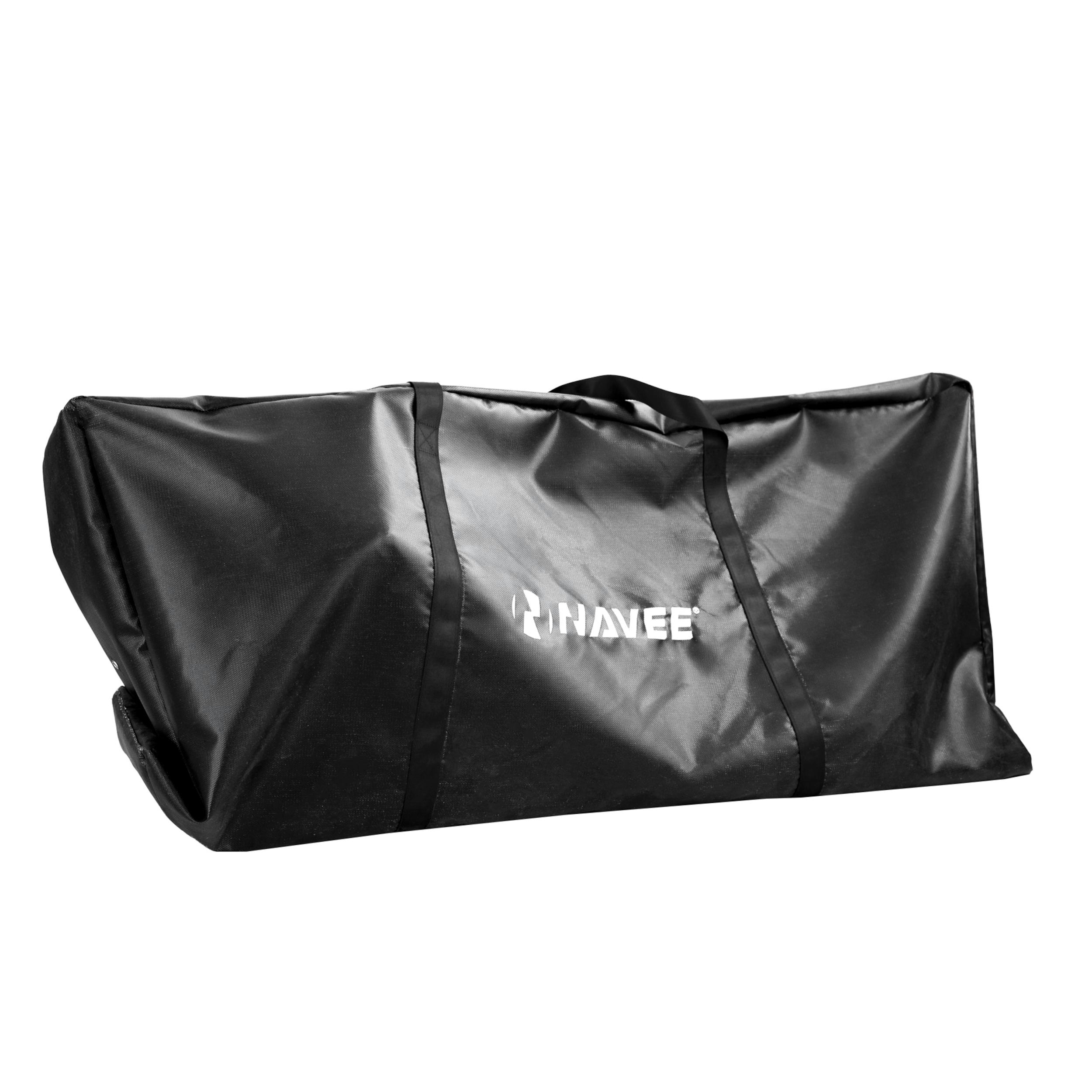 Schwarze Tasche mit dem NAVEE-Logo darauf. Sie hat zwei Griffe und einen Reißverschluss.