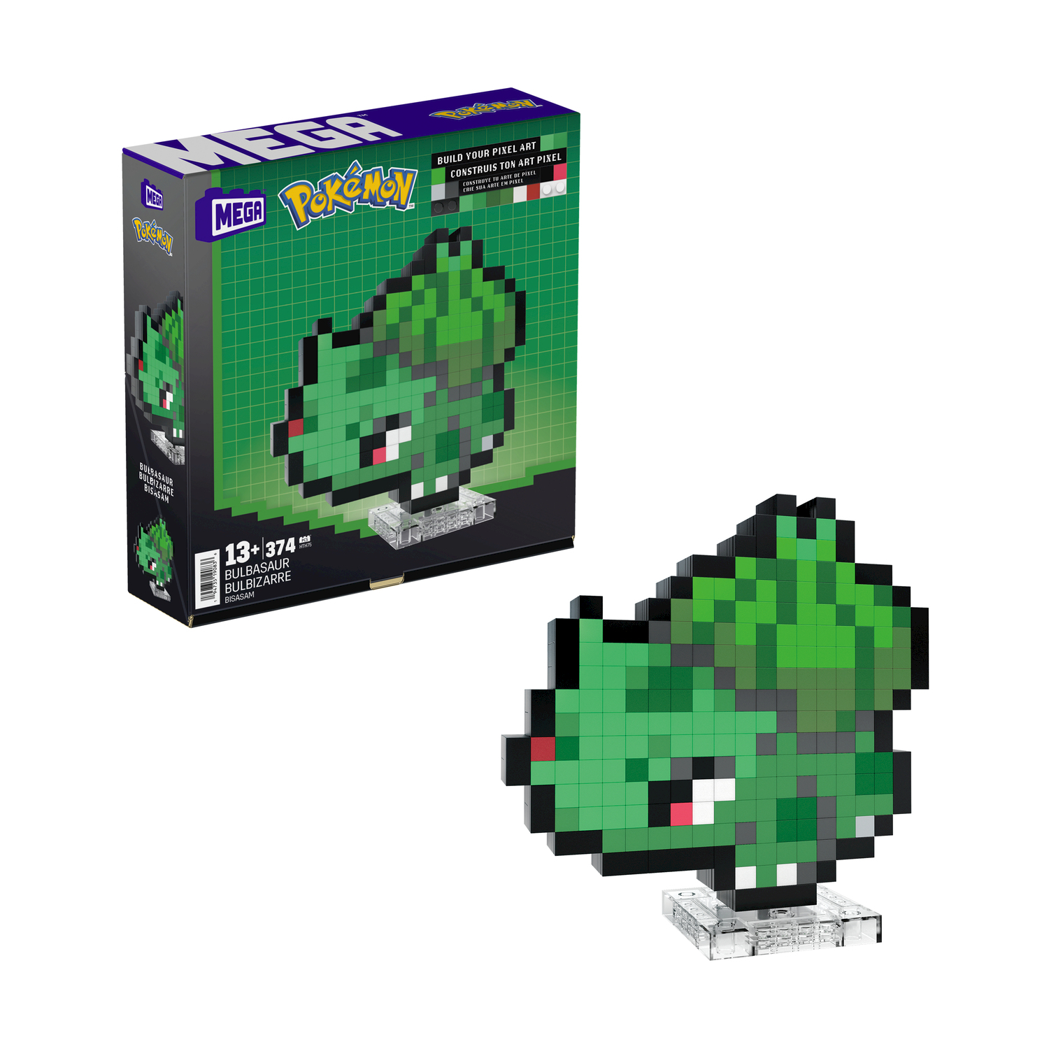 Modello pixel art di Bulbasaur accanto a una scatola, su sfondo bianco.