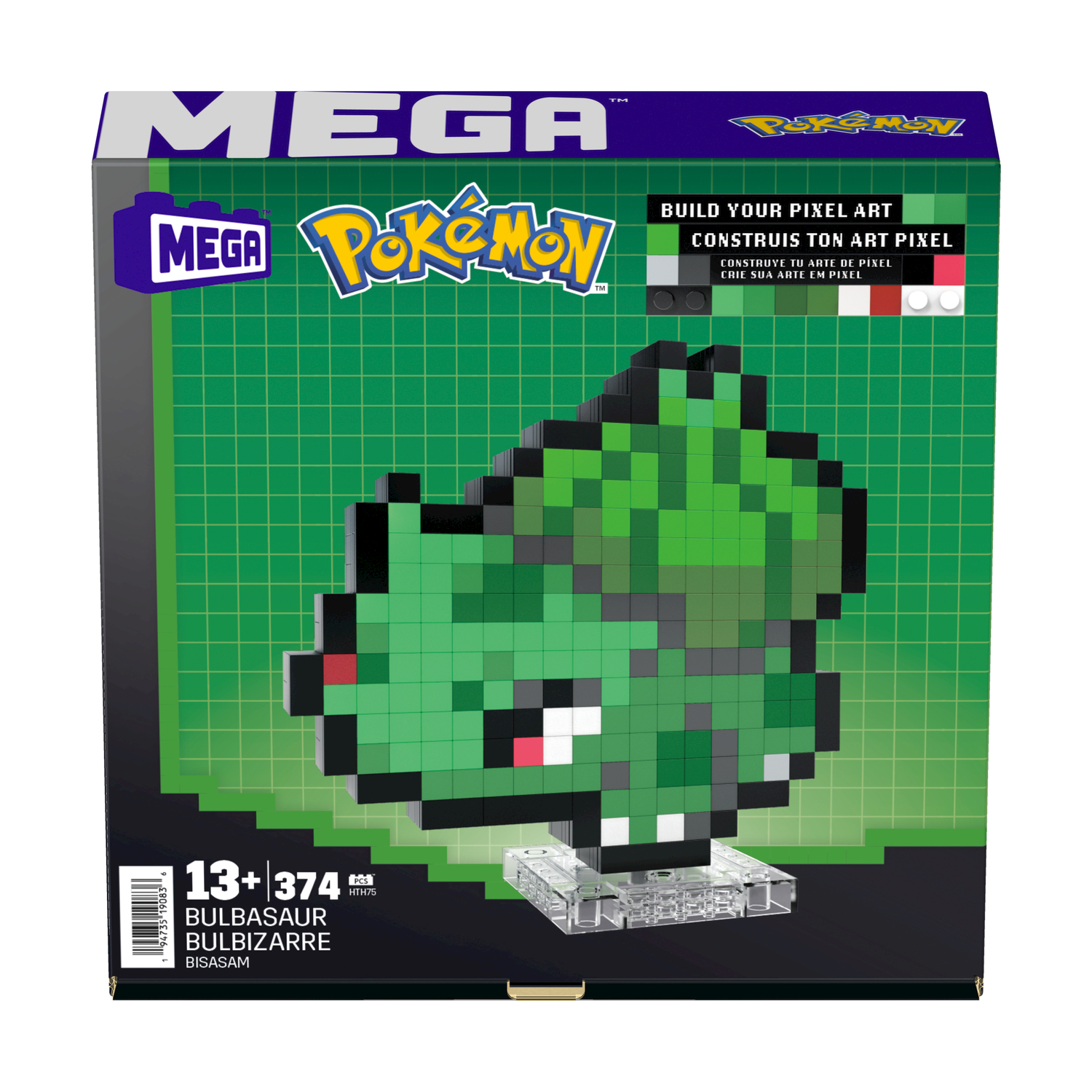 Scatola Mega Construx Pokemon Bulbasaur con pixel art.
