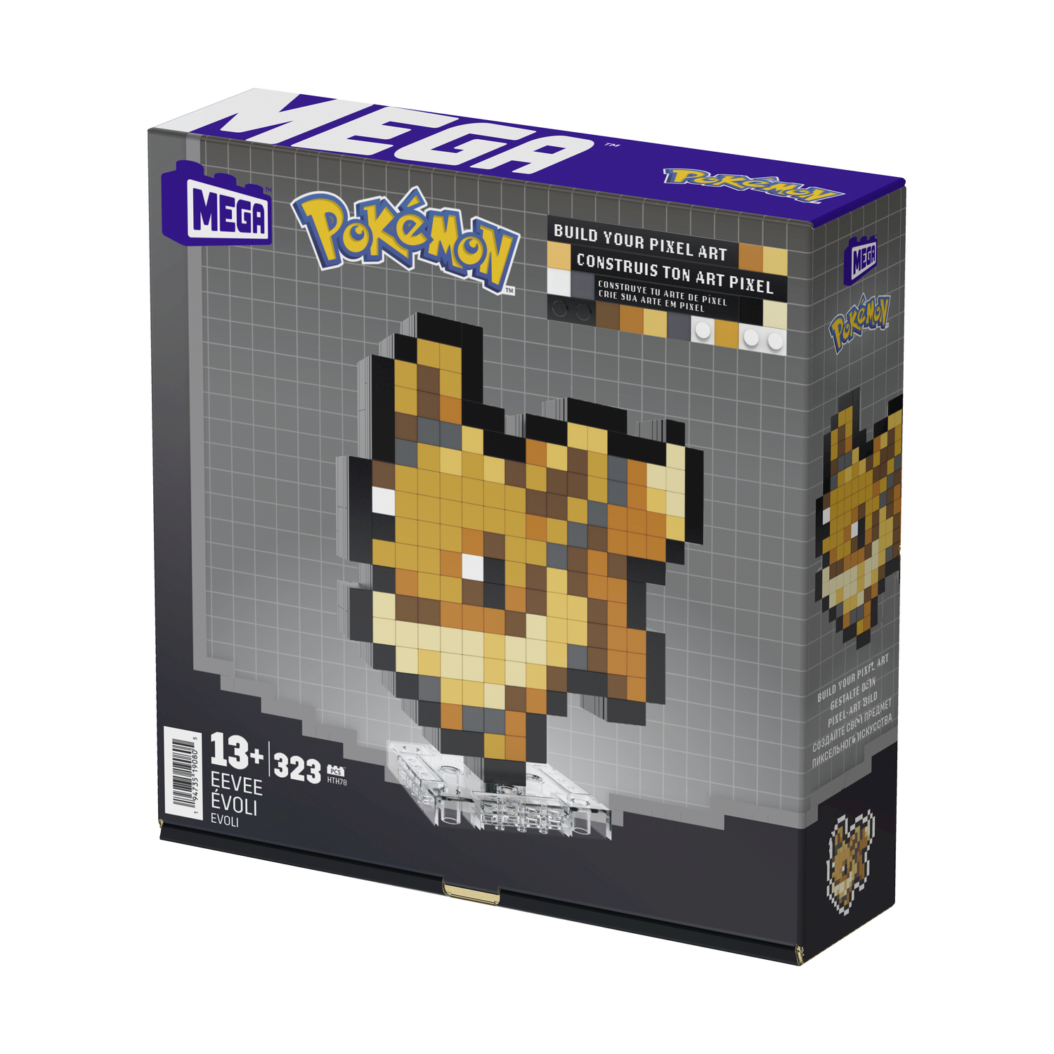 Scatola Mega Construx Pokémon. Mostra Eevee, pixel art e la costruzione del personaggio.