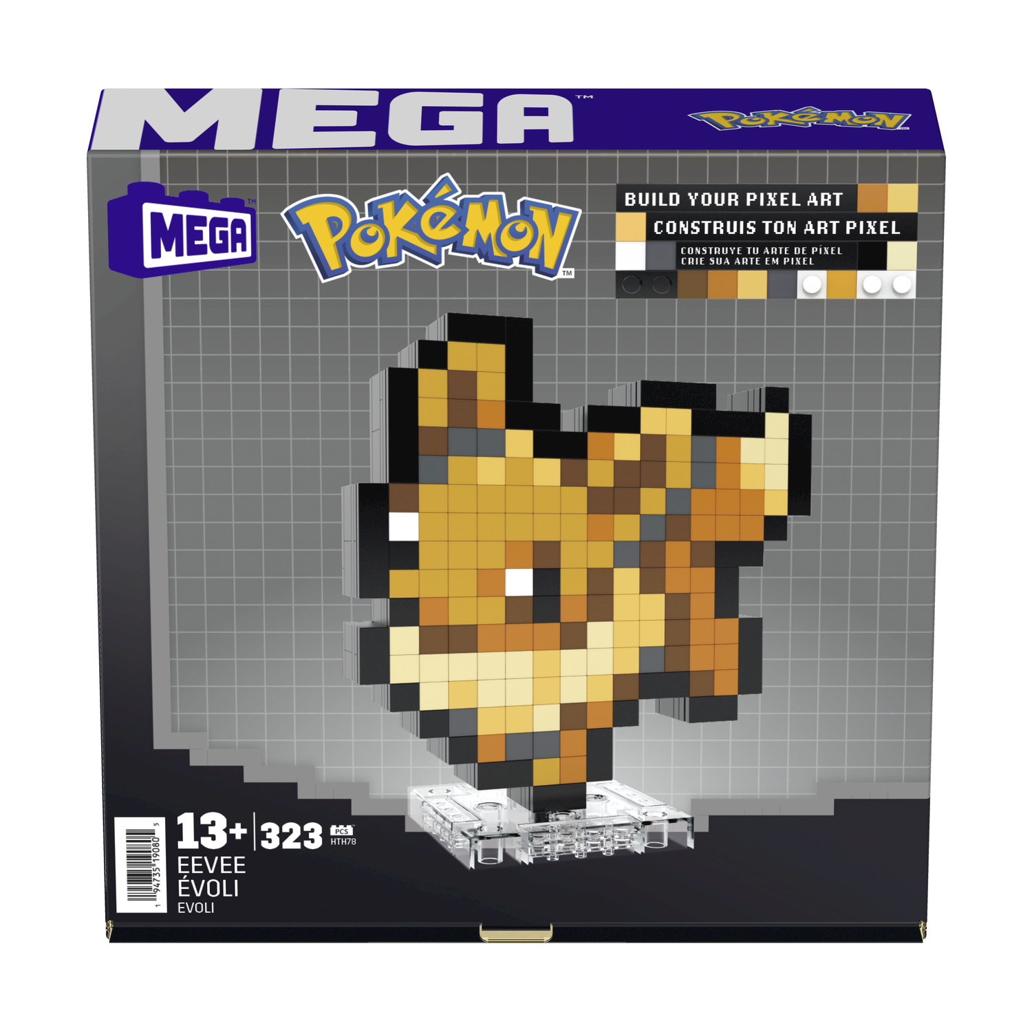 Kit pixel art Mega Pokemon con Eevee, scatola e blocchi, su griglia bianca.