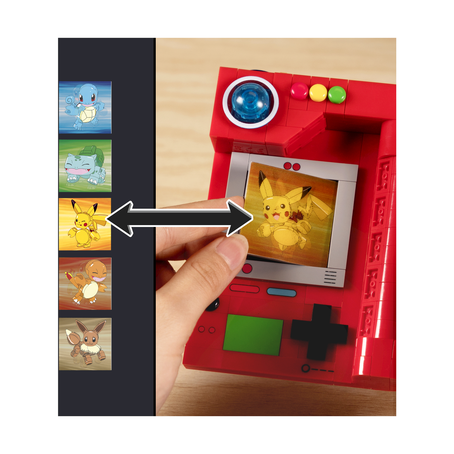 Una mano scambia una carta su una console rossa. Immagini di Pokémon.