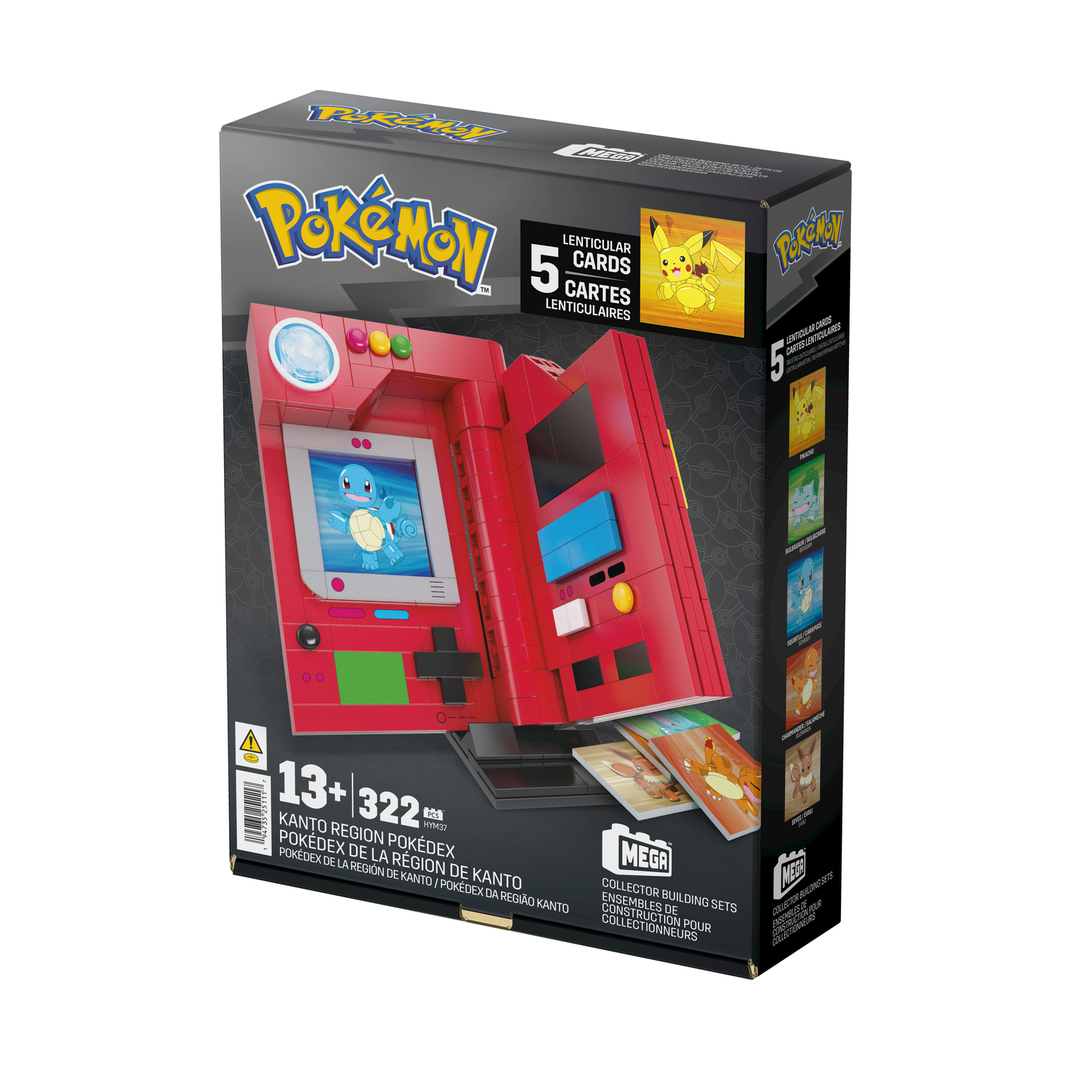 Set scatola Pokedex della regione di Kanto dei Pokémon con carte e figure, su bianco.