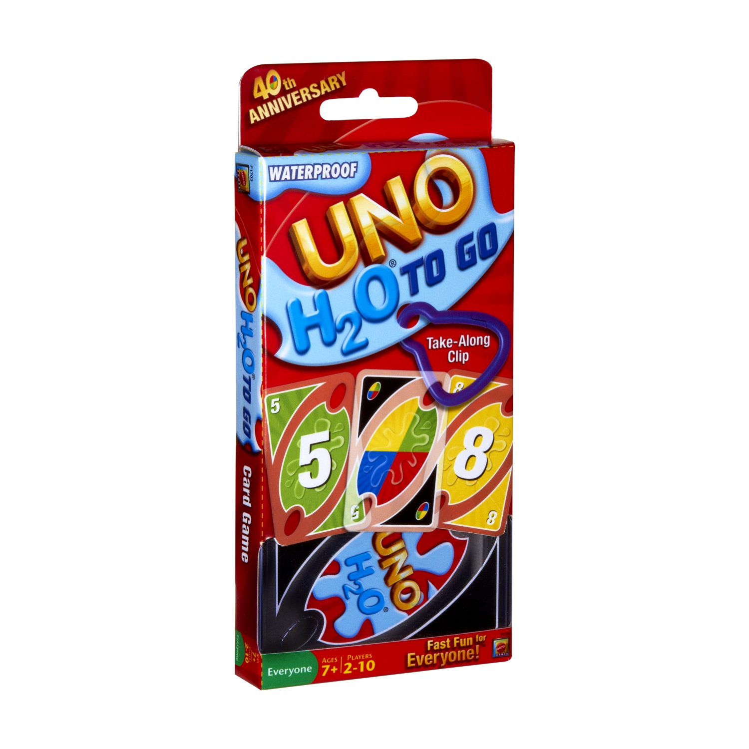 Un gioco di carte Uno H2O to go impermeabile in scatola. La scatola è rossa e blu.