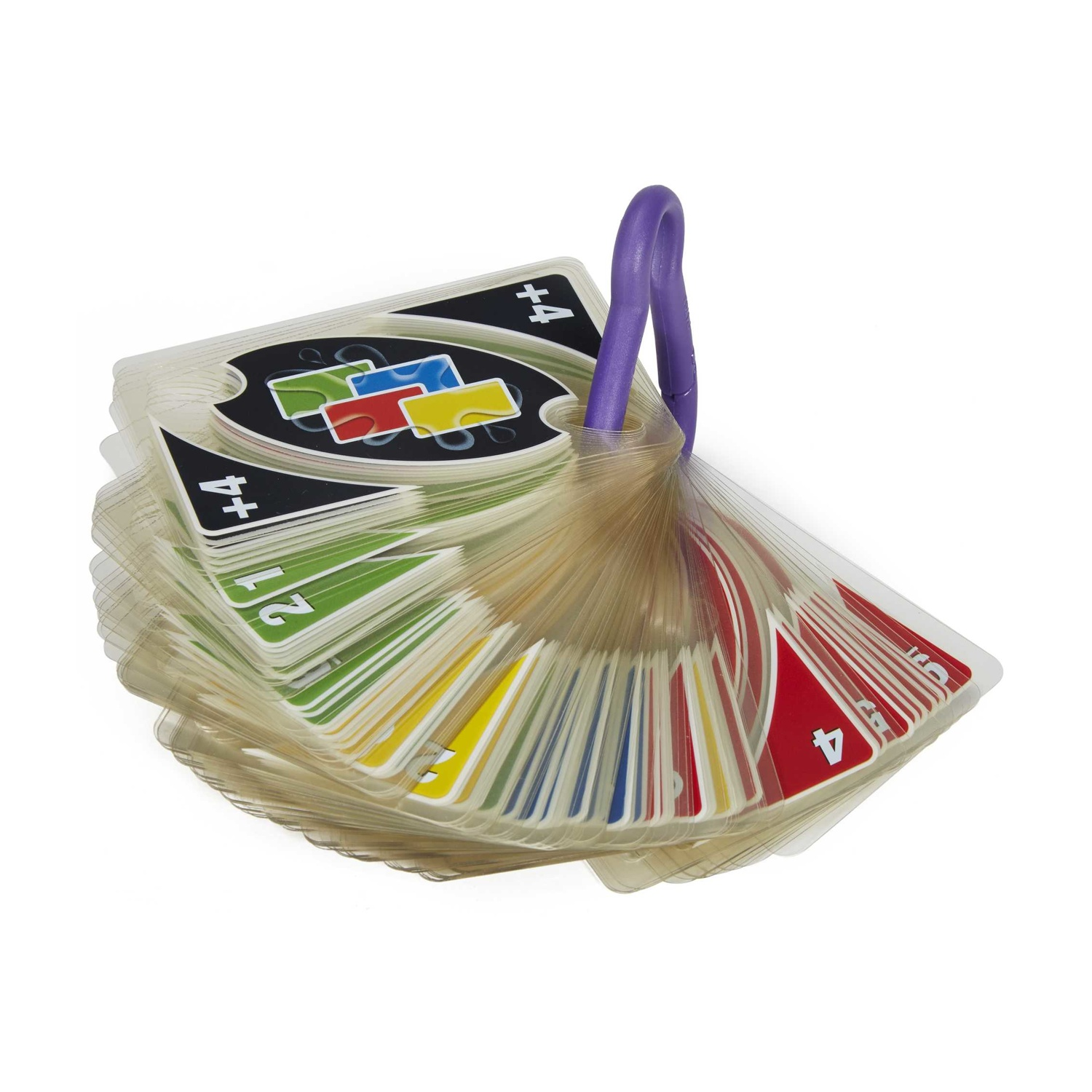 Una pila di carte Uno tenute insieme da un anello viola.