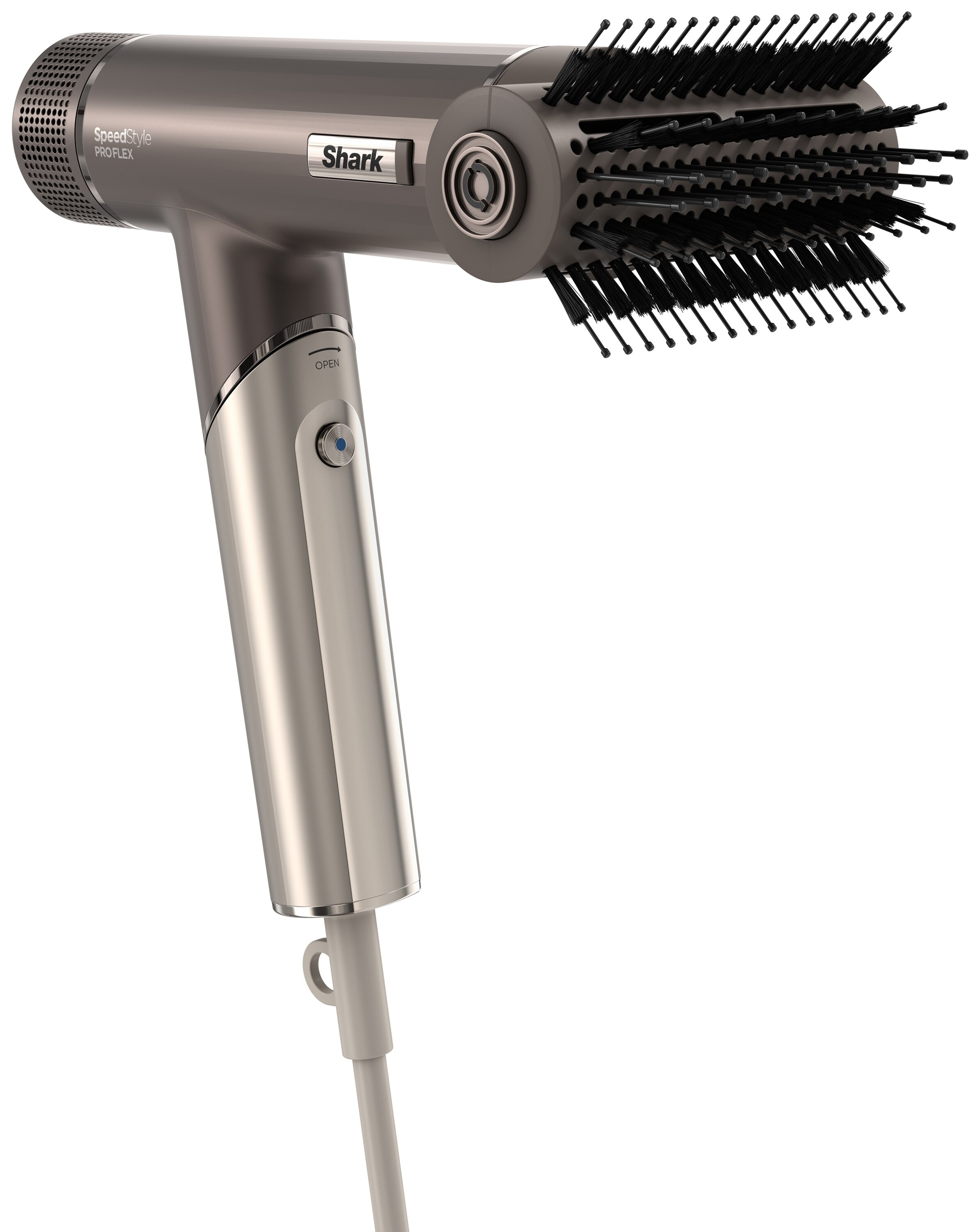 Srebrna i szara suszarka do włosów z obrotową szczotką na białym tle.