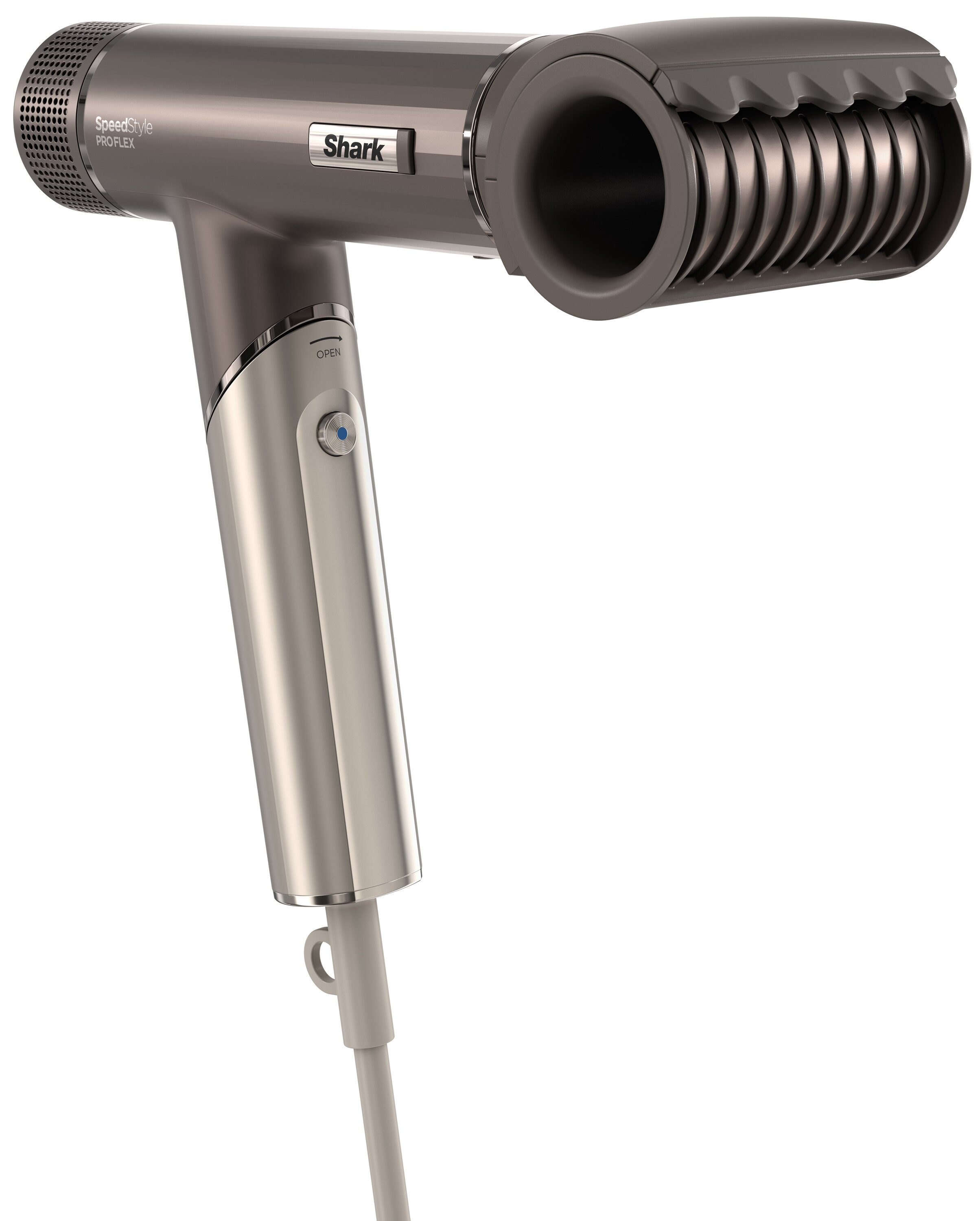 Szara suszarka do włosów z szarą dyszą i uchwytem na białym tle.