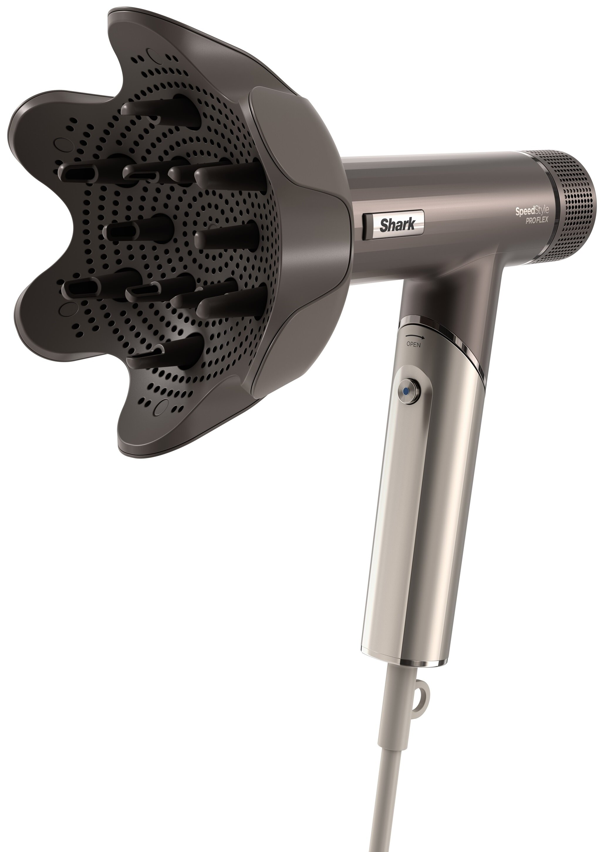 Suszarka do włosów Shark z nasadką do dyfuzji, wyświetlana na białym tle.