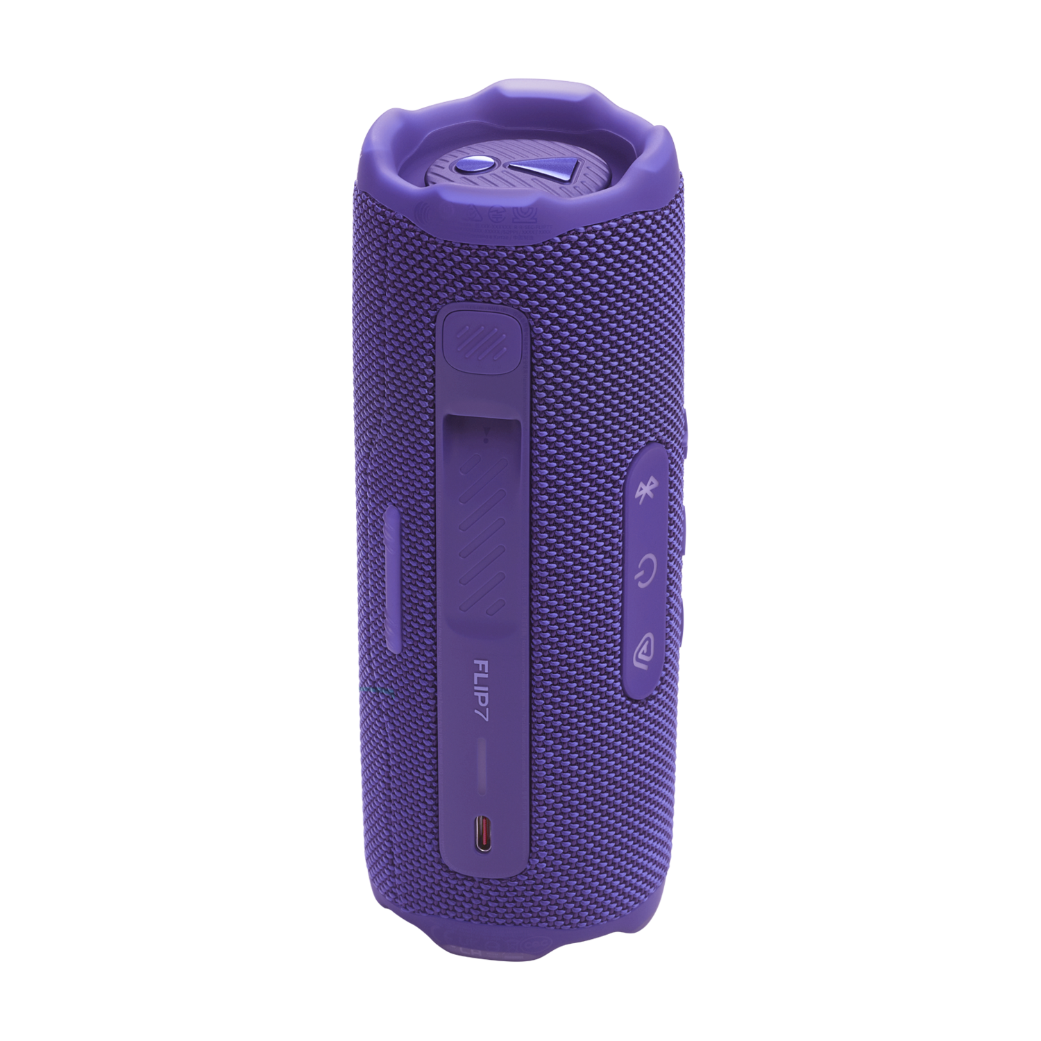 Enceinte cylindrique violette. Avec boutons et port de charge. Fond noir.
