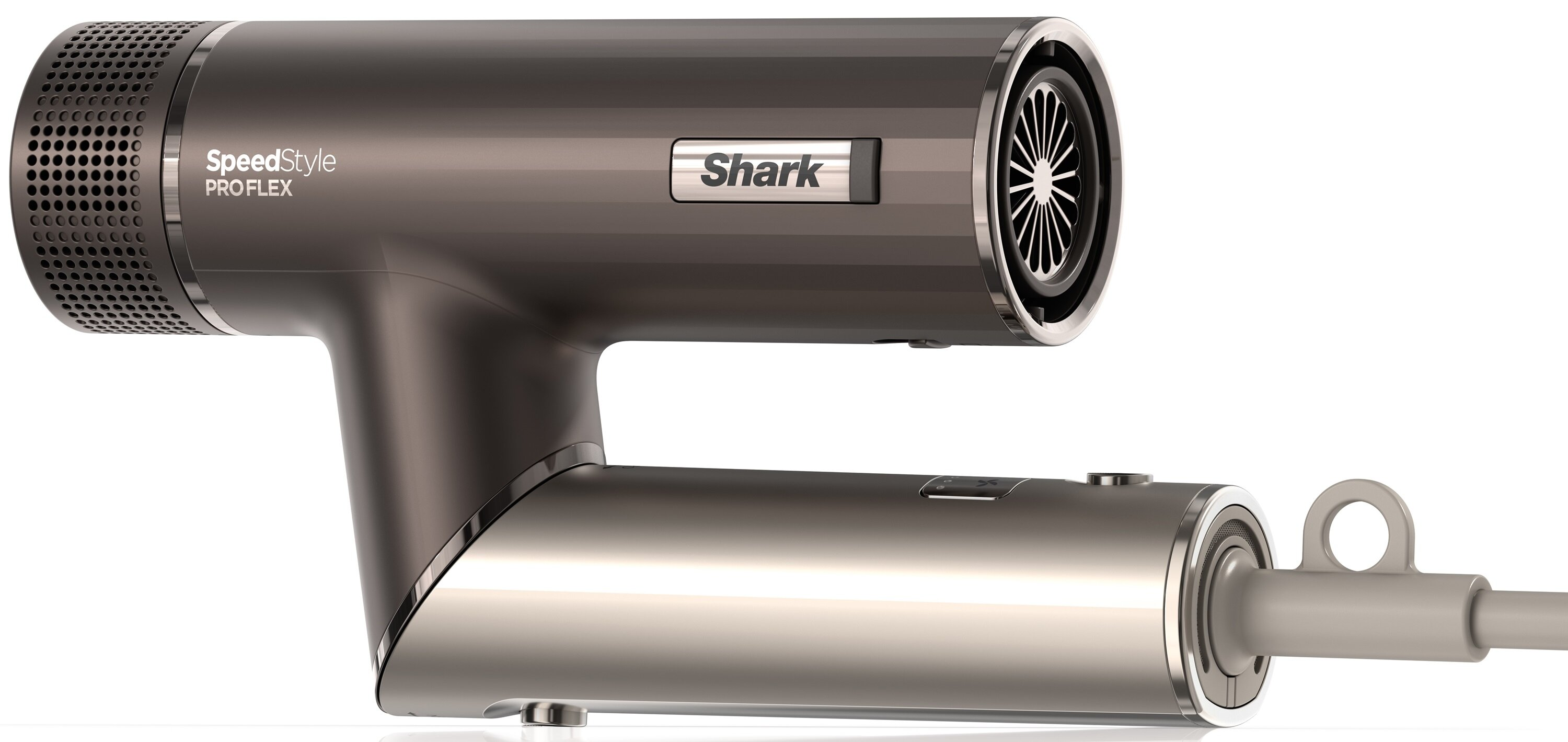 Suszarka do włosów Shark SpeedStyle ProFlex. Ciemnoszary kolor. Białe tło.