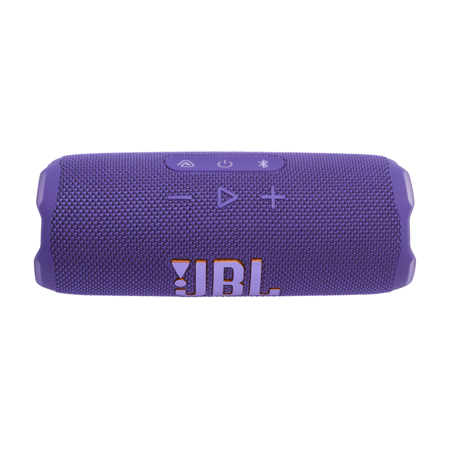 Un haut-parleur JBL Charge 6 violet avec boutons et logo sur fond noir.