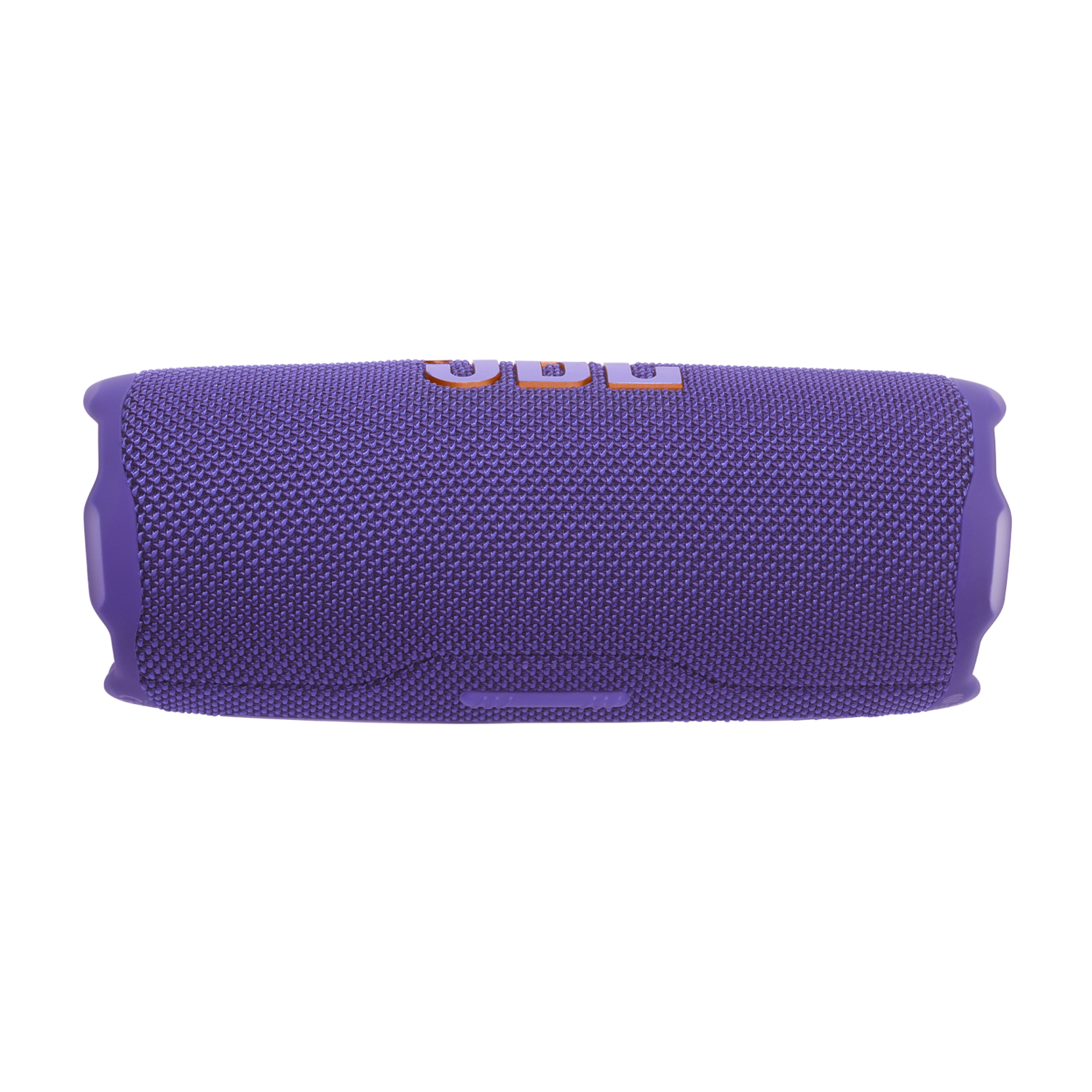 Haut-parleur violet. Surface en mesh, marque orange, sur fond noir.