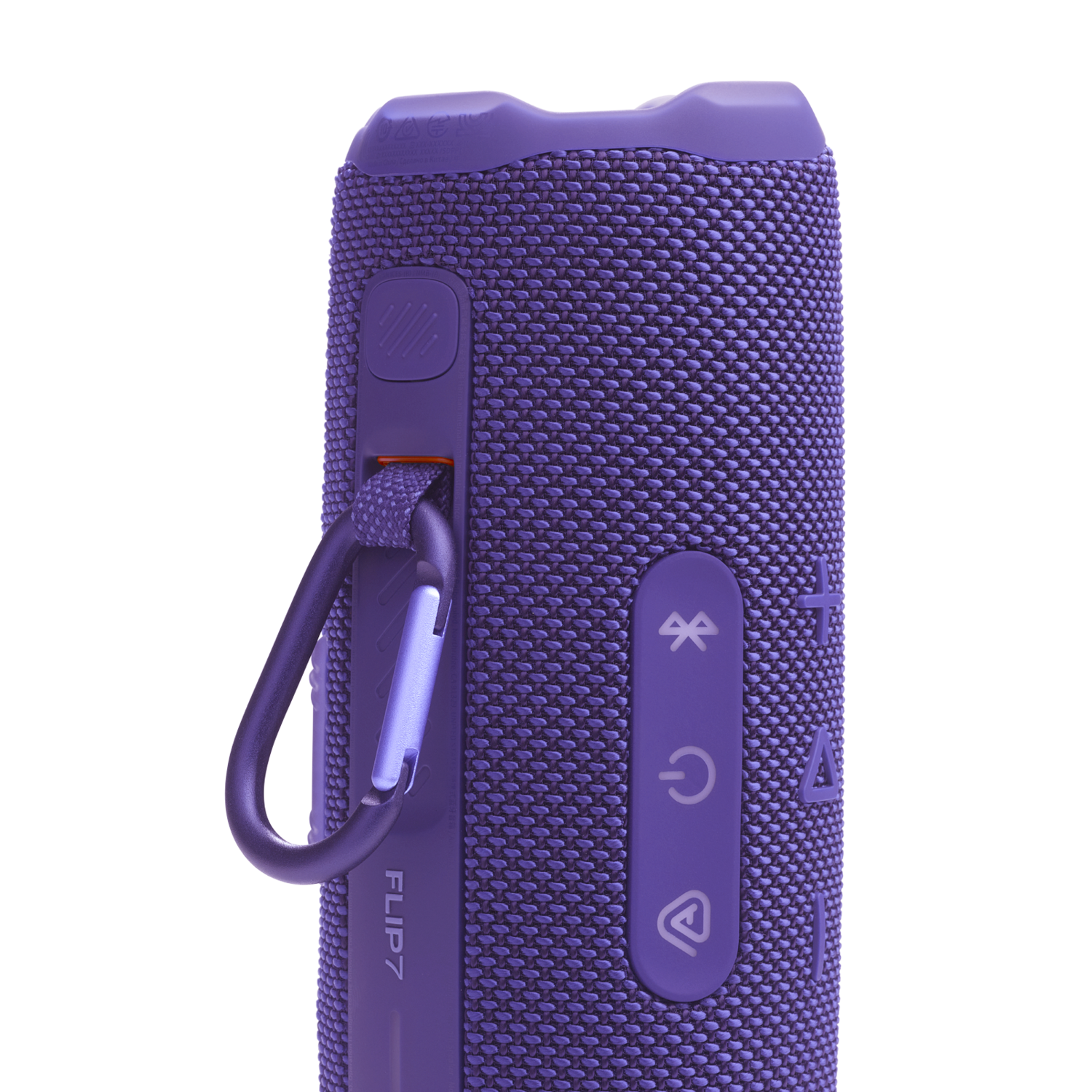 Haut-parleur violet avec boutons, une sangle et un mousqueton argenté.
