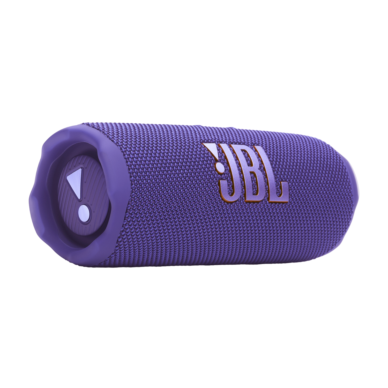 Enceinte JBL violette. Le logo JBL est orange. Elle a une forme cylindrique.