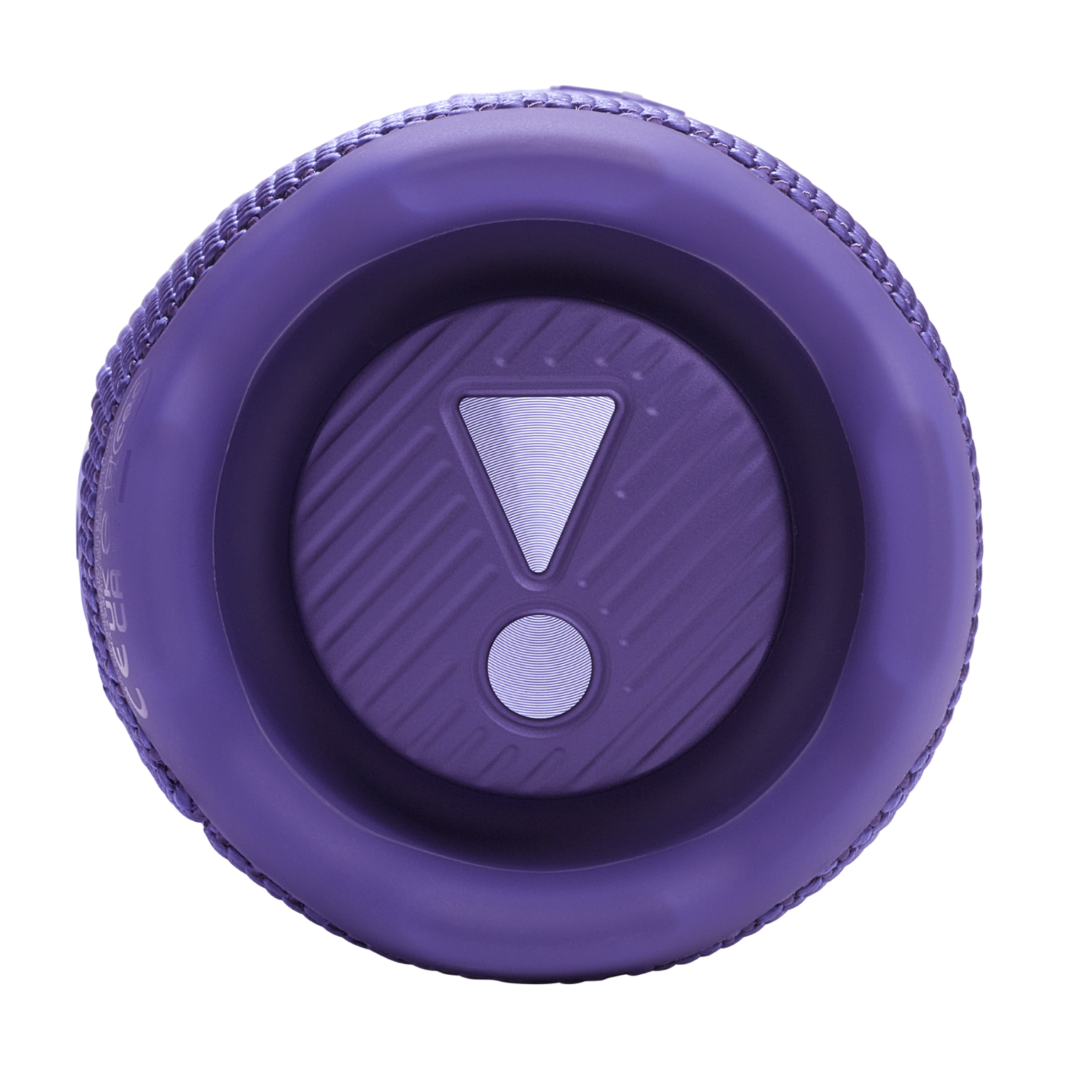 Haut-parleur violet, vue de dessus, avec logo blanc et point d'exclamation.