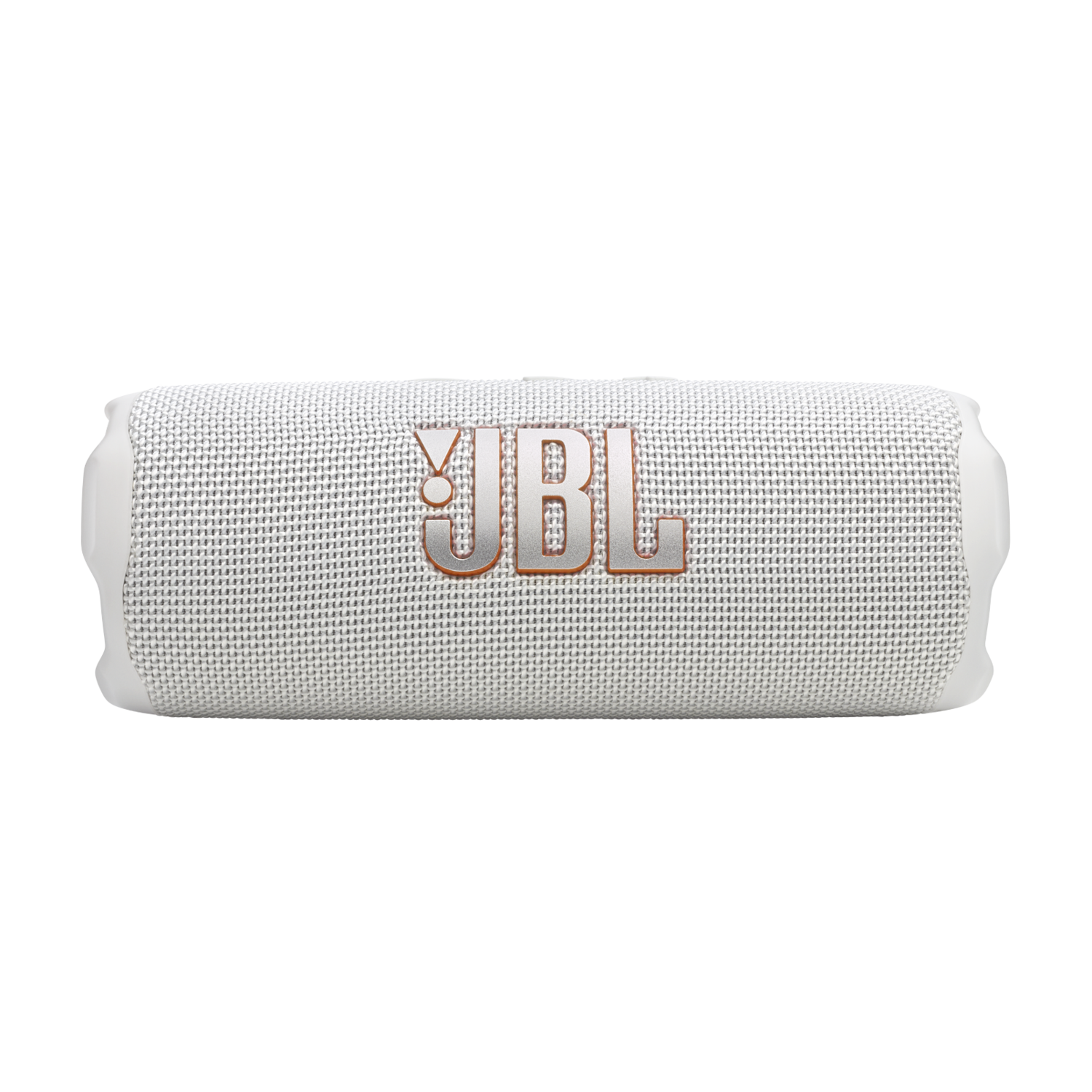 Un haut-parleur JBL blanc avec le logo JBL en orange. Le haut-parleur est cylindrique.