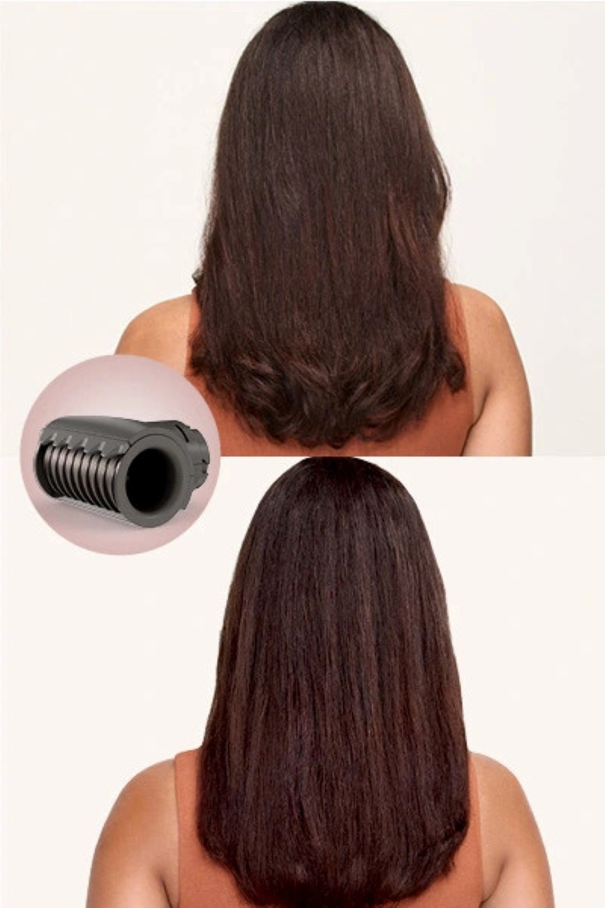 Dwa zdjęcia włosów kobiety przed i po prostowaniu. Włosy są ciemnobrązowe i proste.