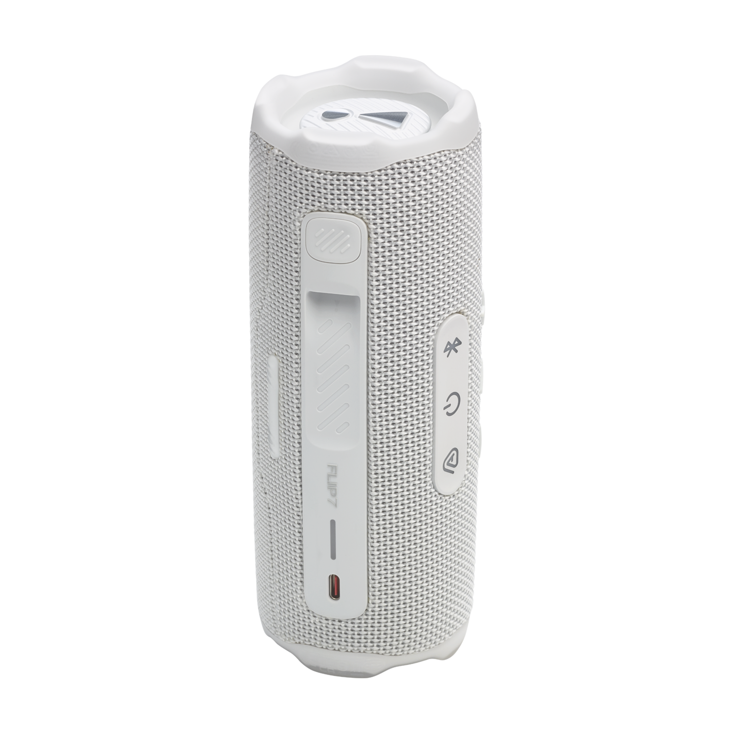Une enceinte portable JBL Flip 7 blanche et grise, debout sur fond noir.