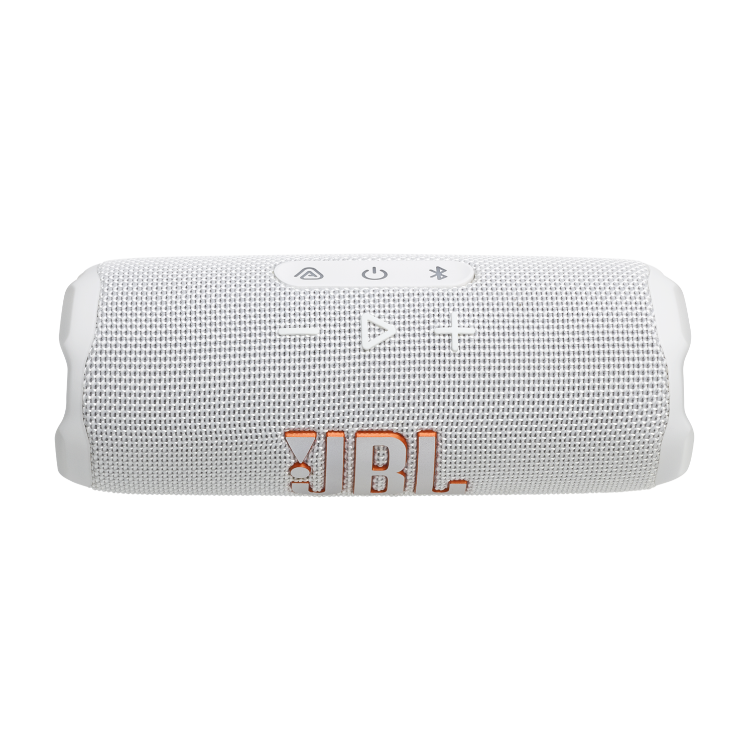 Haut-parleur JBL blanc avec logo orange sur fond noir.
