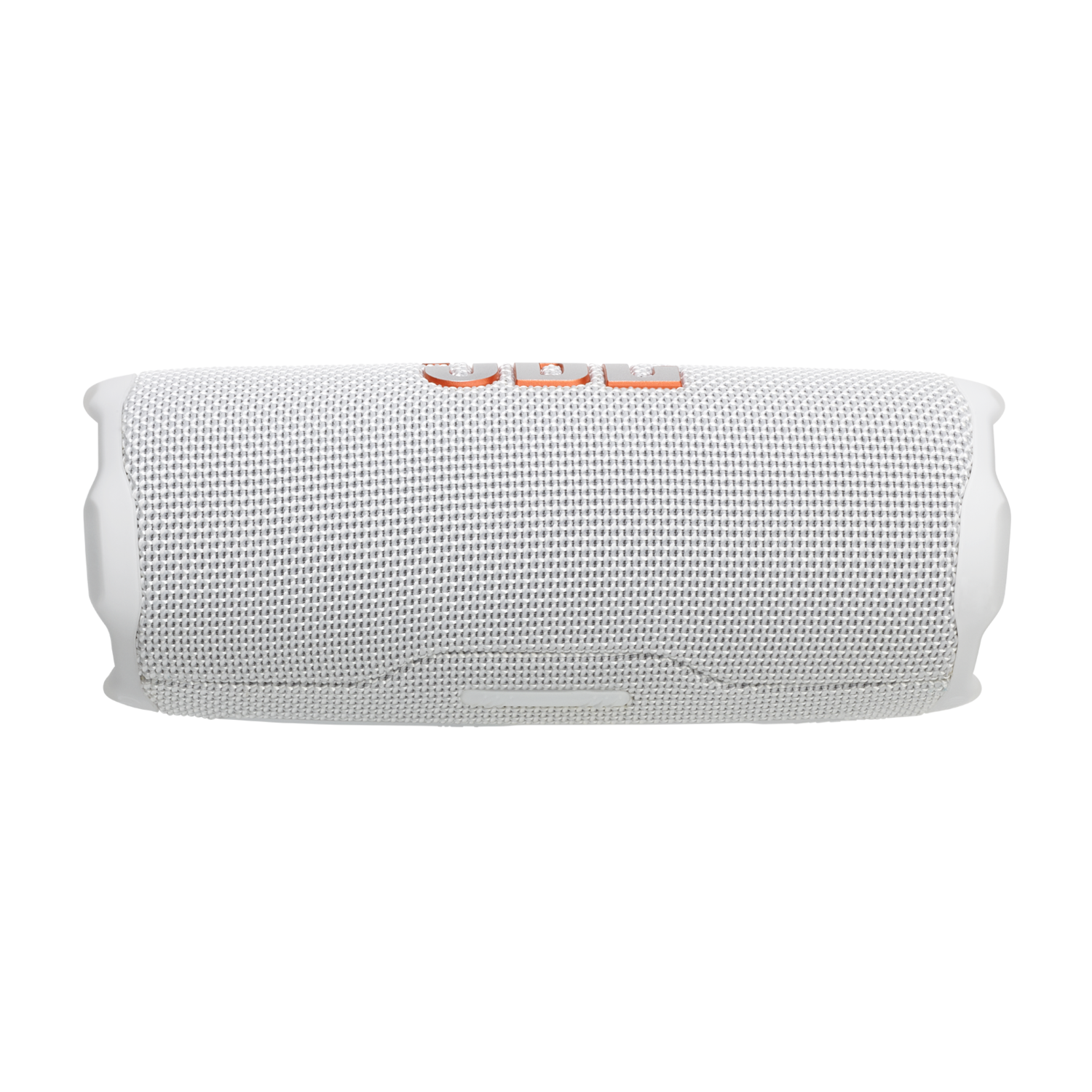 Haut-parleur JBL blanc, vue de dessus, avec boutons orange et maillage blanc.