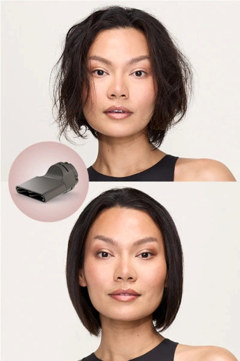 Twarz kobiety, stylizowane włosy przed i po użyciu nasadki do suszarki. Nasadka pokazana osobno.