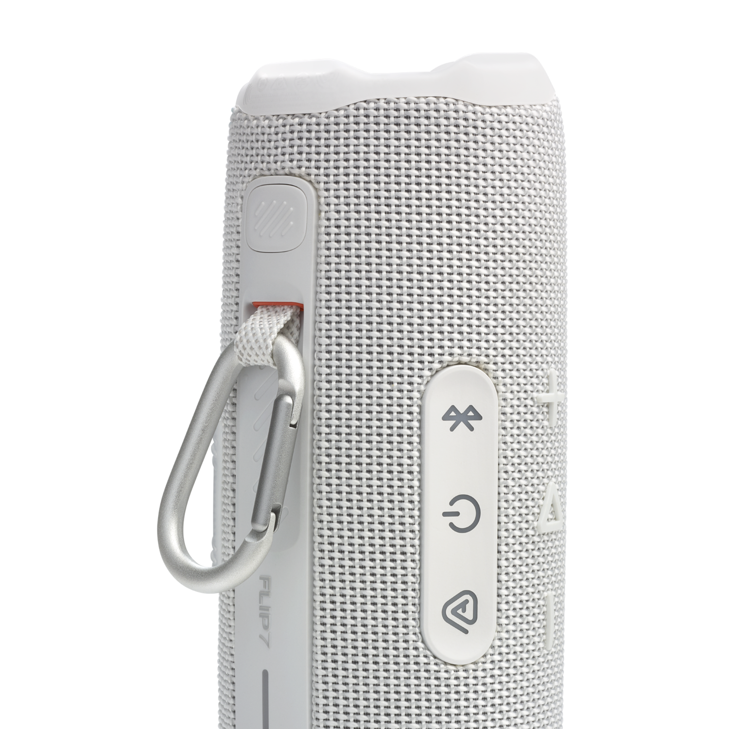 Haut-parleur JBL Flip 7 blanc avec mousqueton, boutons et fond blanc.